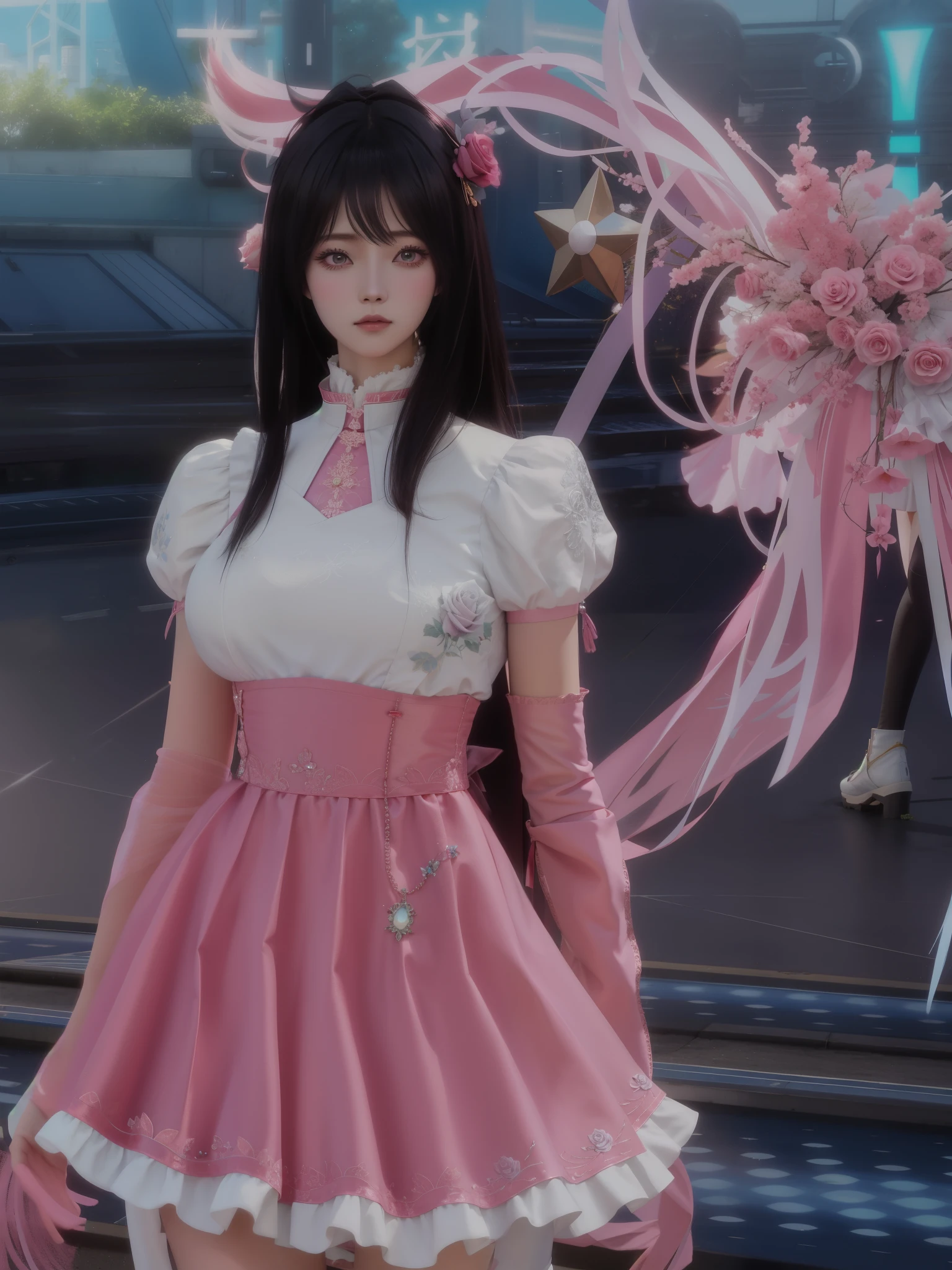 anime girl en robe rose debout devant un train, tenue fantastique, lunar themed outfit, cheveux roses et yeux cyan, Tenue à froufrous, blanc et rose, xianxia complet du corps, inspired by Pu Hua, uniforme magique, lineage revolution style 2, style de fille magique, tenue de femme de chambre, vêtements de sorcière astrale