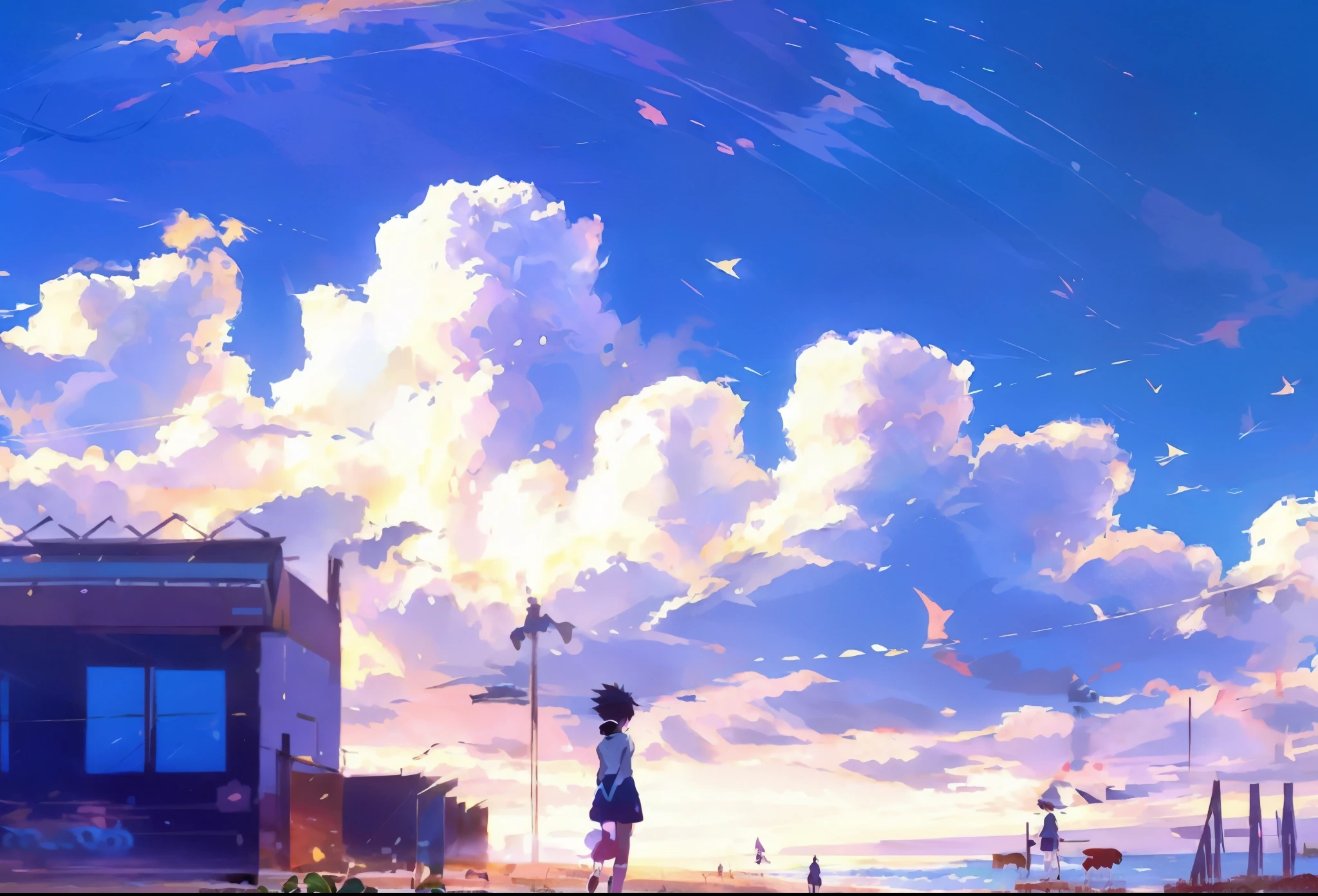 Anime scenes of a woman walking on the beach with a dog, in style of Makoto Shinkai, style of Makoto Shinkai, Makoto Shinkai. — hour 2160, beautiful Anime scenes, Makoto Shinkai style, mokoto shinkai, Anime sceneakoto Shinkai ) ), anime movie background, Anime scenesry