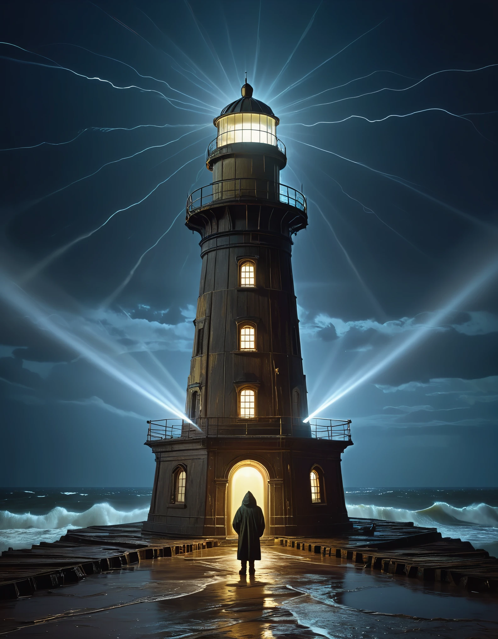 (A watchman standing on the dilapidated lighthouse holding up the searchlight), guiding the boat in the distance, rough brown skin, carved wrinkled face, vicissitudes of life, wearing a hooded raincoat, surging waves, light beams, moonlight, background: rainstorm is falling, photography, Andre Remnev, masterpiece, Cont, realism, Diablo, Gothic art, strong atmosphere, illusory engine, Octahedral rendering, Corona rendering, Quixel Megascans rendering, V-Ray, high detail, high quality, high resolution, artistic stage trends, surrealism, high-definition, 16K, depth of field (Dof), waist shot (WS), close-up, Rembrandt lighting, epic visual effects, top view angle,