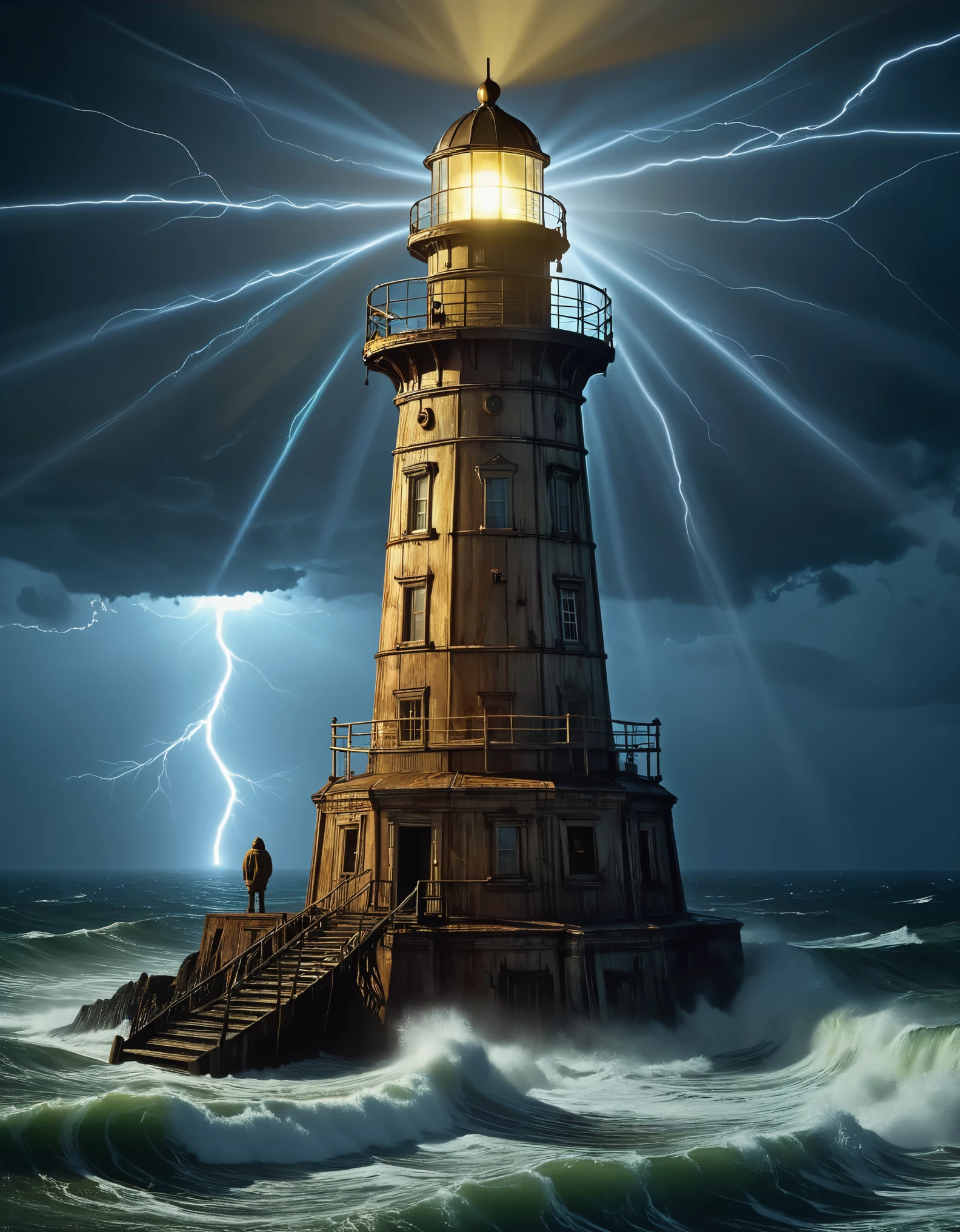 (A watchman standing on the dilapidated lighthouse holding up the searchlight), guiding the boat in the distance, rough brown skin, carved wrinkled face, vicissitudes of life, wearing a hooded raincoat, surging waves, light beams, moonlight, background: rainstorm is falling, photography, Andre Remnev, masterpiece, Cont, realism, Diablo, Gothic art, strong atmosphere, illusory engine, Octahedral rendering, Corona rendering, Quixel Megascans rendering, V-Ray, high detail, high quality, high resolution, artistic stage trends, surrealism, high-definition, 16K, depth of field (Dof), waist shot (WS), close-up, Rembrandt lighting, epic visual effects, top view angle,
