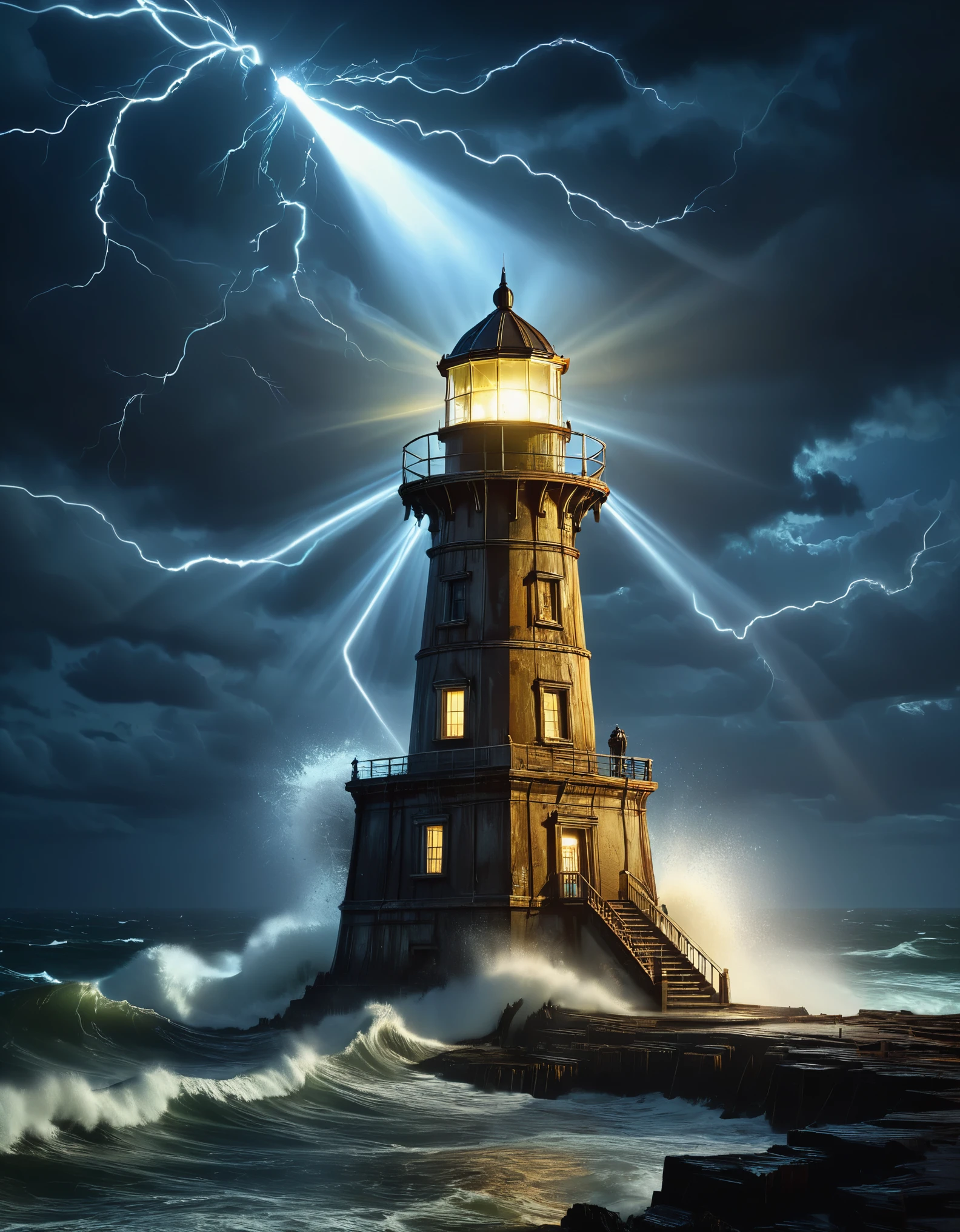 (A watchman standing on the dilapidated lighthouse holding up the searchlight), guiding the boat in the distance, rough brown skin, carved wrinkled face, vicissitudes of life, wearing raincoat, surging waves, light beams, moonlight, background: rainstorm is falling, photography, Andre Ramnev, masterpieces, Kont, realism, Diablo, Gothic art, strong atmosphere, illusory engine, octahedral rendering Corona rendering, Quixel Megascans rendering, V-Ray, high detail, high quality, high resolution, artistic stage trends, surrealism, high-definition, 16K, depth of field (Dof), waist shot (WS), close-up, Rembrandt lighting, epic visual effects, top view,