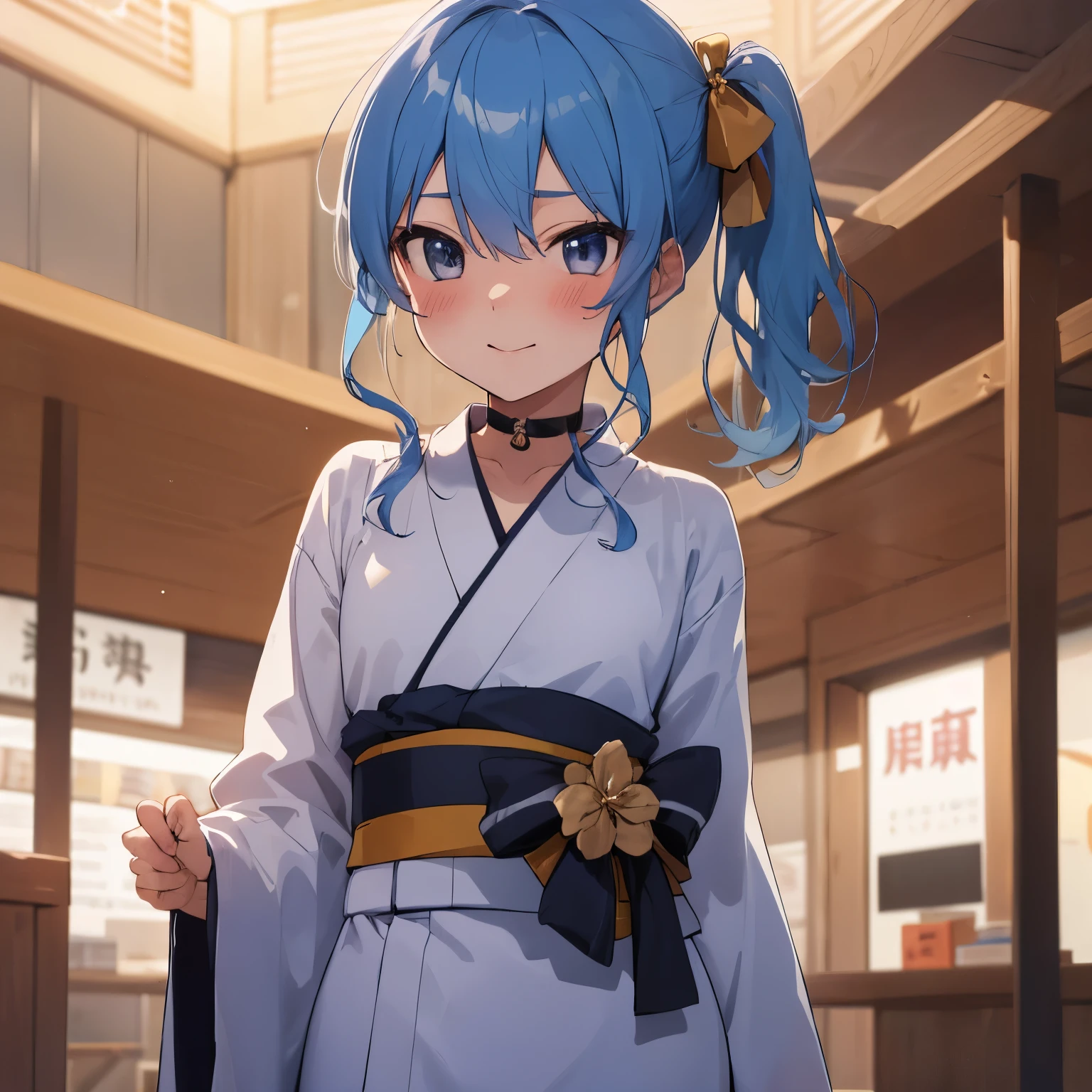 hoshimachi suisei,blue eyes,blue hair,choker,hair between eyes,medium hair,side ponytail,スターchoker,1 girl,highest quality, High resolution,(thin and beautiful eyes:1.6),(perfect hands, perfect anatomy),(((masterpiece))),((highest quality)),shy smile,troubled face,blush,whole body,High-quality yukata,,sexy lingerie thin waist,festival,stall