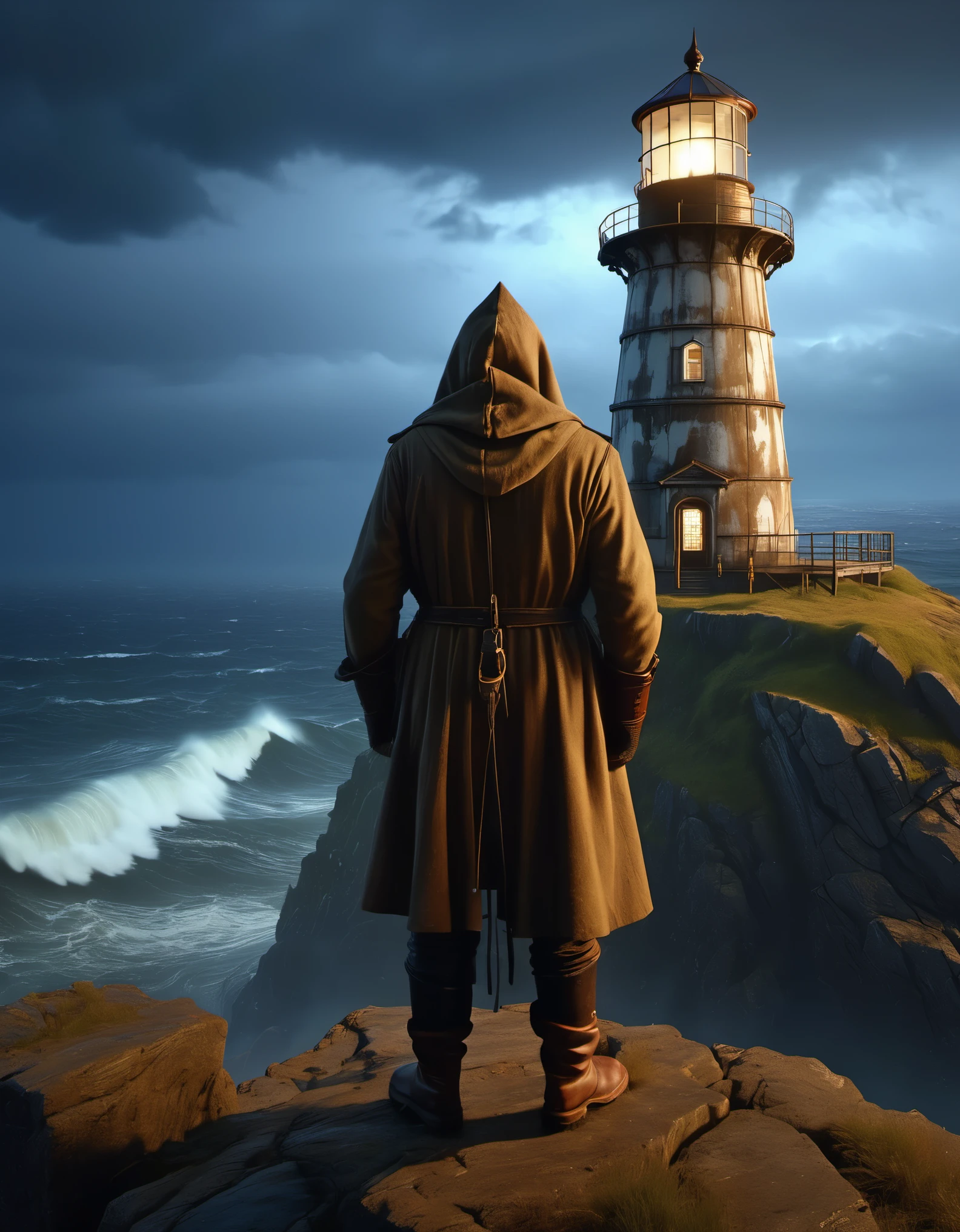 (A tower keeper holding a searchlight stands on the dilapidated lighthouse on the cliff), guiding the boat in the distance, rough brown skin, carved wrinkled face, vicissitudes of life, wearing a ragged hooded raincoat, surging waves, beams, moonlight, background: rainstorm is falling, photography, Andre Remnev, masterpieces, Conte, realism, Diablo, Gothic art, strong atmosphere, Unreal engine, octahedral rendering, Corona rendering, Quixel Megascans rendering, V-Ray, high detail, high quality, high resolution, artistic stage trend, surrealism, high-definition, 16K, depth of field (Dof), waist shot (WS), close-up, Rembrandt lighting, epic visual effects, top view,