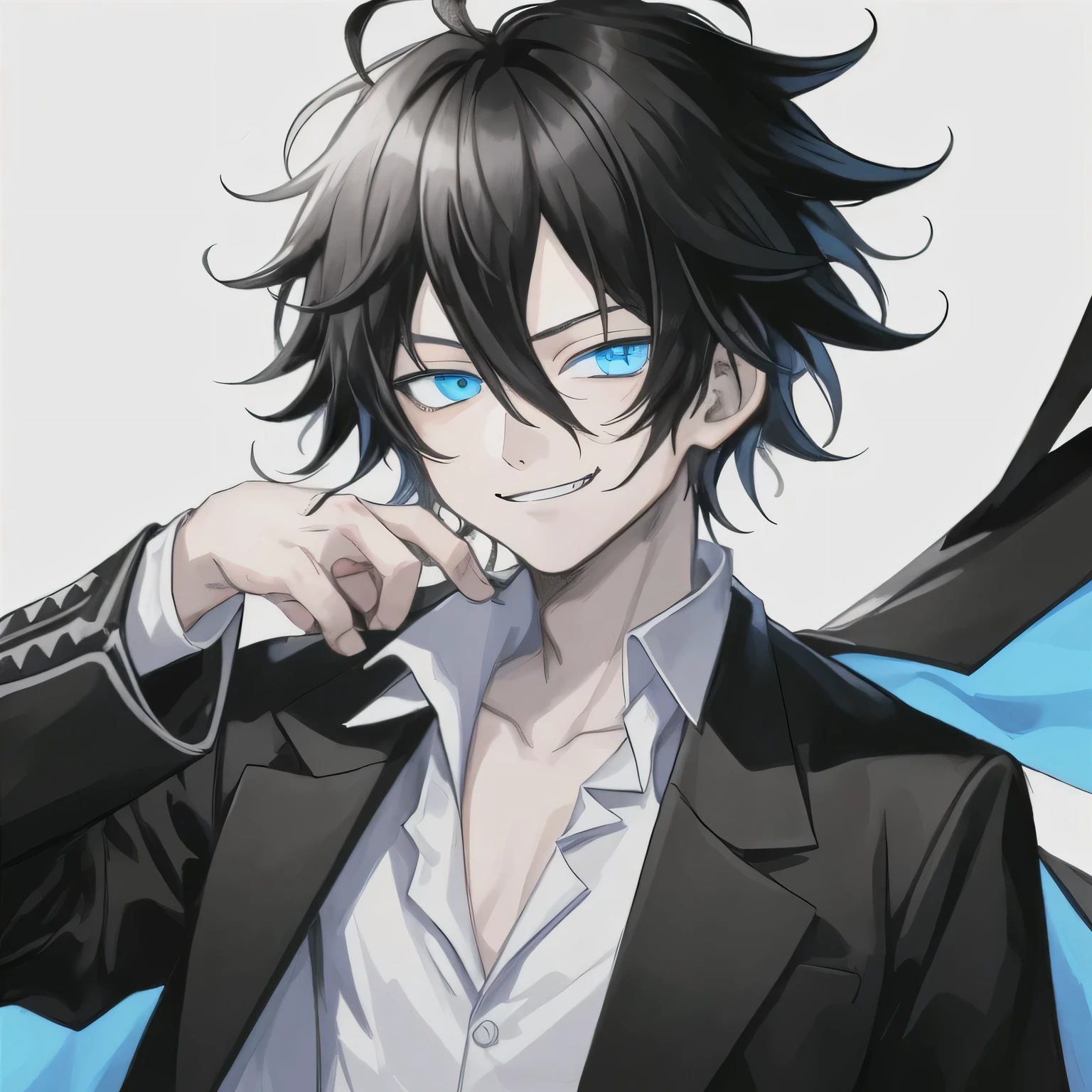 1boy, anime, messy_black_hair, white_open_coat, black_shirt, light_blue_eyes, white_background, smirk, looking_at_viewer