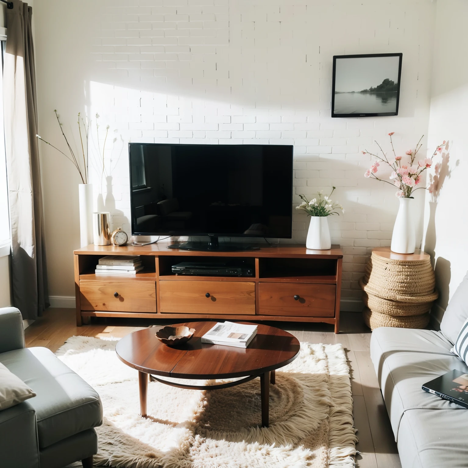 Based on the description, create a living room in a modern style in spring colors. There is a distinctive white decorative brick on the wall. Wooden slats as a decoration. Corner sofa, table with chairs, TV on the wall, living room furniture, decorations and flowers. Realistic photo, photorealism, minimalism