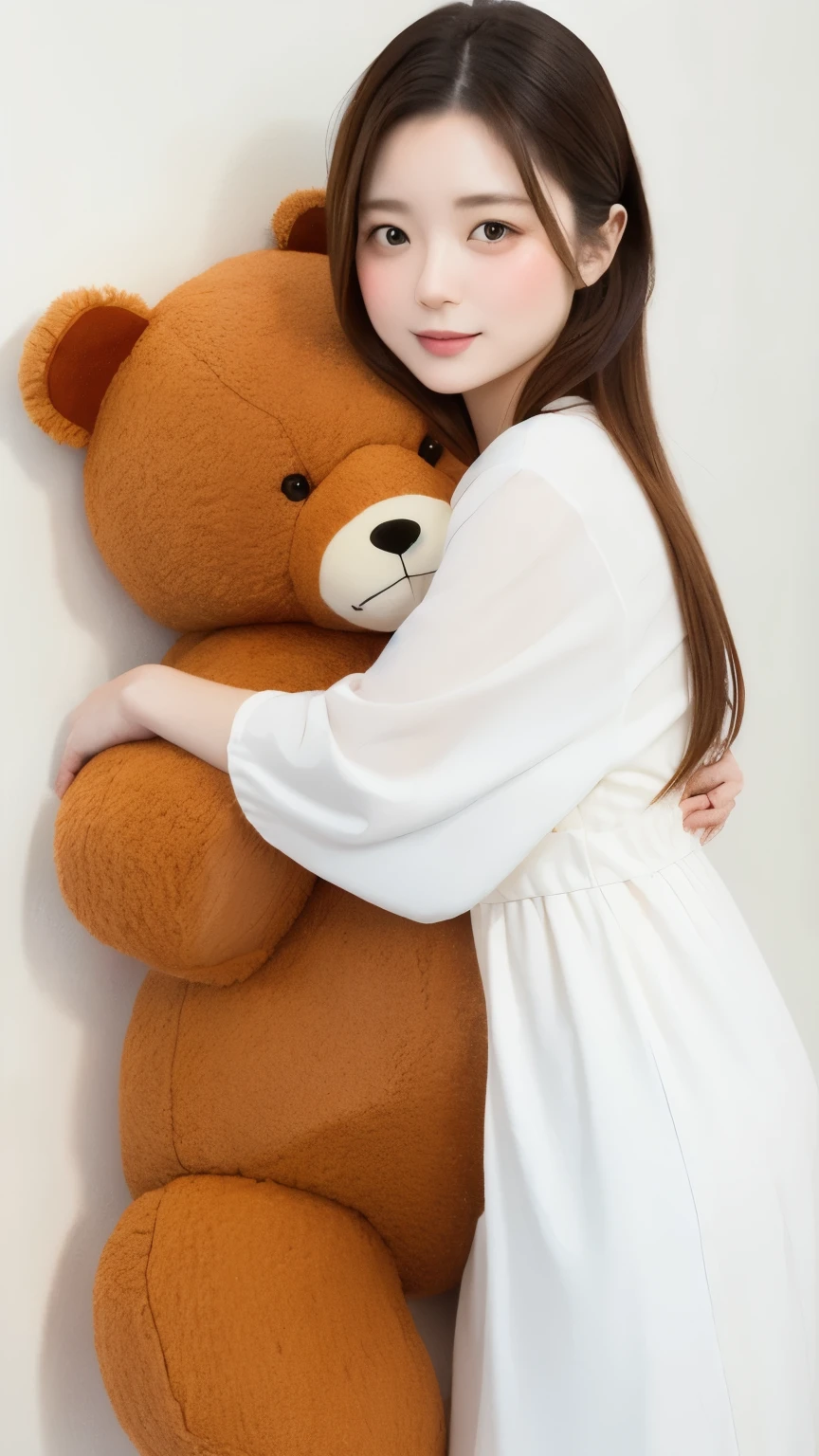 (((simple configuration)))、(((The background is a white wall:1.2)))、one girl、(((hug a giant teddy bear)))、perfect anatomy、painterly、sketch、very delicate、wall with cloud-like pattern、、Floral、delicate depiction、abstract、Bright colors overall、Gentle color、Taisho romance、(masterpiece、highest quality、highest quality、official art、beautiful beautiful:1.2)、