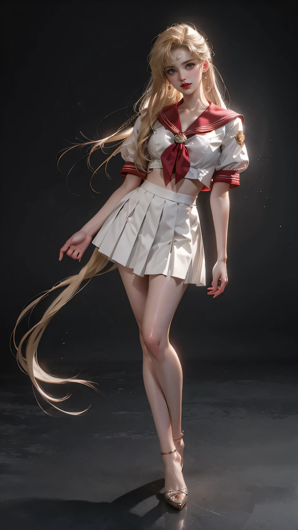 (masterpiece, best quality, realistically, Work, super detailed, 8k), ((Wide-angle lens, Full body female love)), 1 girl,Exquisite facial features,Smile,double tail,Blonde medium hair,Light makeup,Exquisite facial features,Correct finger structure,Sailor suit,Red cotton pleated skirt,front standing posture ,facing the audience,full body portrait,gray background