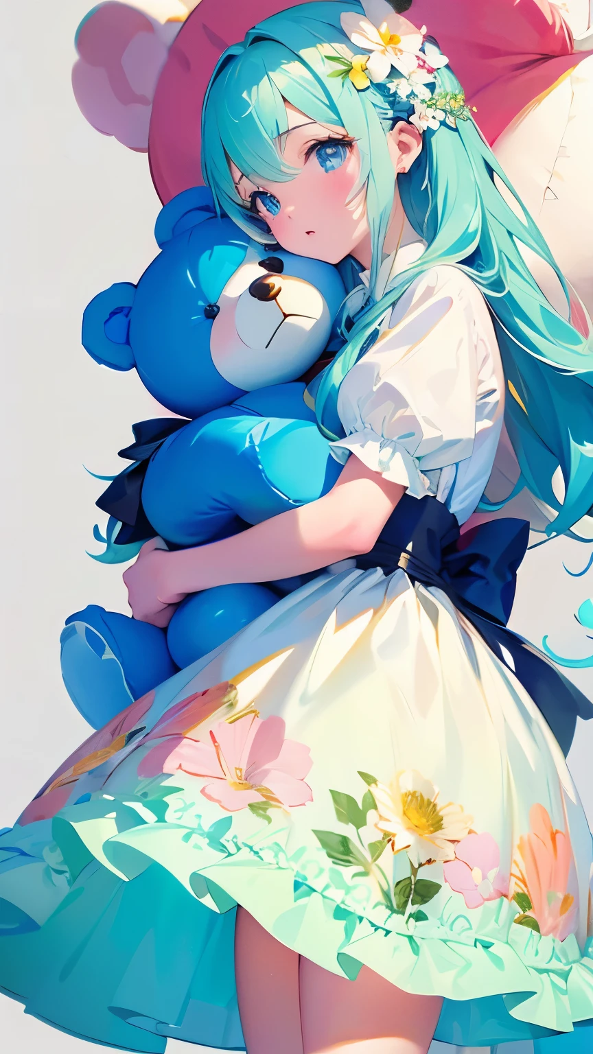 (((simple configuration)))、(((The background is a white wall:1.2)))、one girl、(((hug a giant teddy bear)))、perfect anatomy、painterly、sketch、very delicate、wall with cloud-like pattern、、Floral、delicate depiction、abstract、Bright colors overall、Gentle color、Taisho romance、(masterpiece、highest quality、highest quality、official art、beautiful beautiful:1.2)、