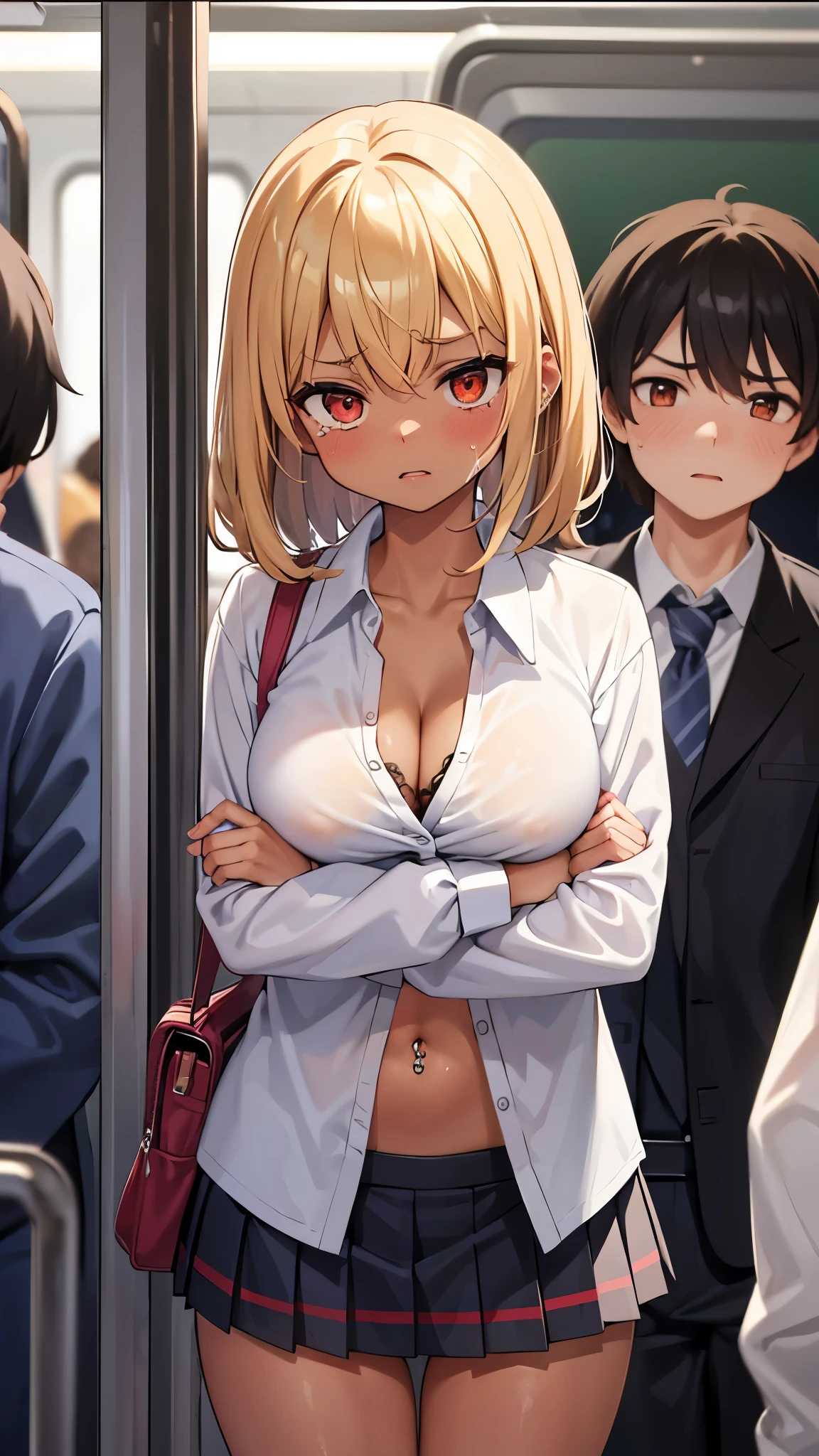 Gal, TIED SHIRT, gal style CLOTHES, BIKINI, LEOPARD PRINT, wearing school girl, (american school uniform), micro miniskirt, {{{masterpiece}}}, {{{best quality}}}, {{ultra-detailed}}, {illustration}, {{an extremely delicate and beautiful}}, 1boy and 1girl, NSFW, molestation, chikan, groping, 1man is 50years old, man is fingering through panties from behind girl, ((crowded train)), front view, cowboy shot, from below, 1girl is 18years old, slutty, slut, ((dark skin)), standing on crowded train, looking down, {{looking very angry}}, {{disgusted facial expressions}}, tears, heavy breathing, trembling, crossed arms,  medium hair, dark yellow hair, red eyes, (((tsurime))), large breasts, cleavage, navel piercing, pussy juice
