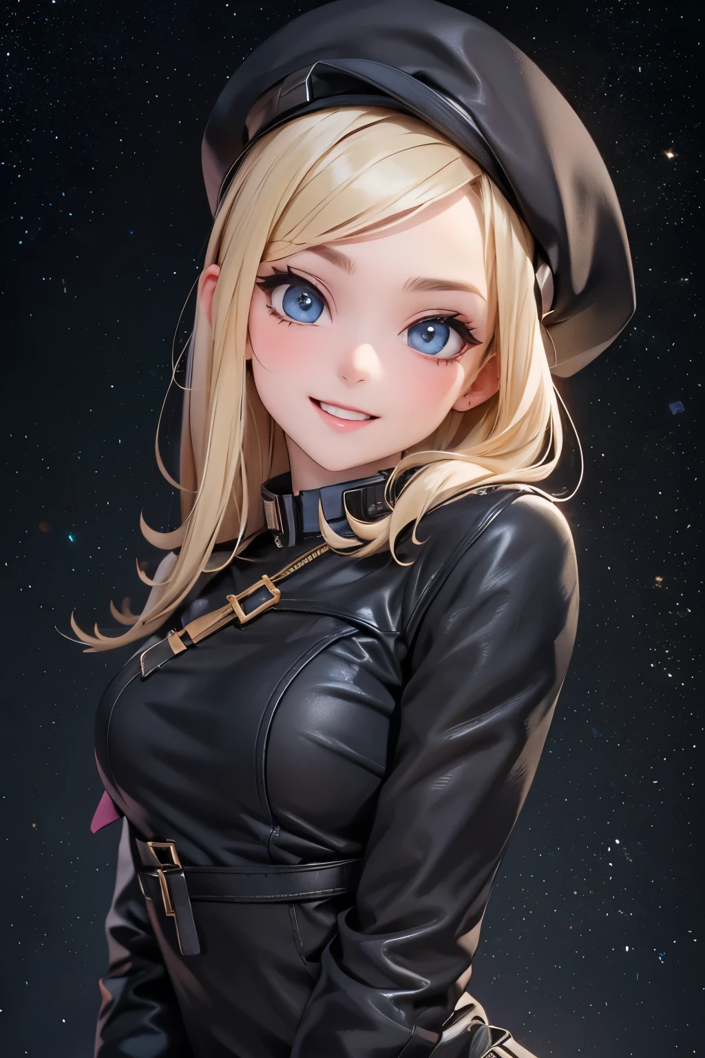 Portrait of a teenage girl. Her hair is short and blonde. Smiling. Her beret is stylishly worn diagonally. She is wearing a pair of tight little black separates. The background is a space city.