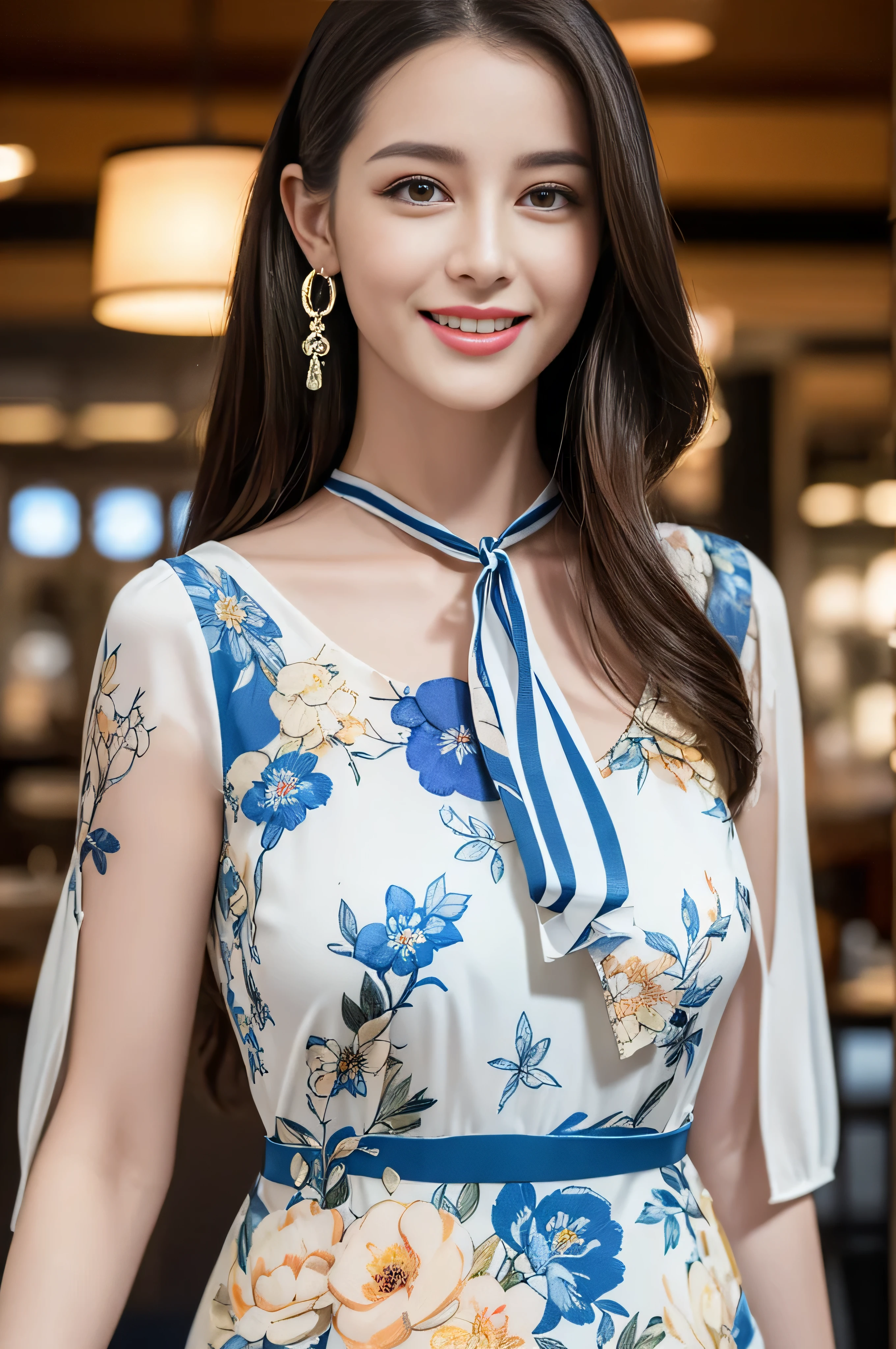 ((top-quality、8K、​masterpiece:1.3))、1girl in、A smile、full body Esbian、Slim Faces、Pretty women、(dark brown hair)、Full-length dresses:1.1、hyperdetailed face、A detailed eye、double eyelid、blured background、Slim Faceanhattan, New York、takeout、a street、fullbody shot、((full figure supermodel standing, entire body in frame)),((In a crowded café at dusk:1.3))((Flashy blue and white printed super mini dress:1.3)),((Floral blouse、Blouse with ribbon:1.3))、fullbody shot、((full figure supermodel standing, entire body in frame))