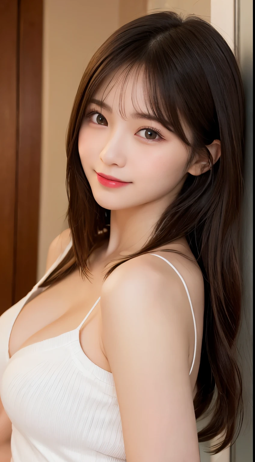 table top, highest quality, shape, Super detailed, finely, High resolution, 8k wallpaper, 完璧なダイナミックな構shape, beautiful and detailed eyes, Tokyo trend winter fashion,long hair, small breasts, natural color lip, arching your back,cute smile,20 year old girl、beautiful and detailed face、perfect and beautiful face,Big eyes、exposed cleavage、transparent nipples、White see-through camisole、beautiful and detailed face、perfect and beautiful double eyelids、bedroom、spread your legs、perfect and beautiful face、Feminine poses、whole body、　
