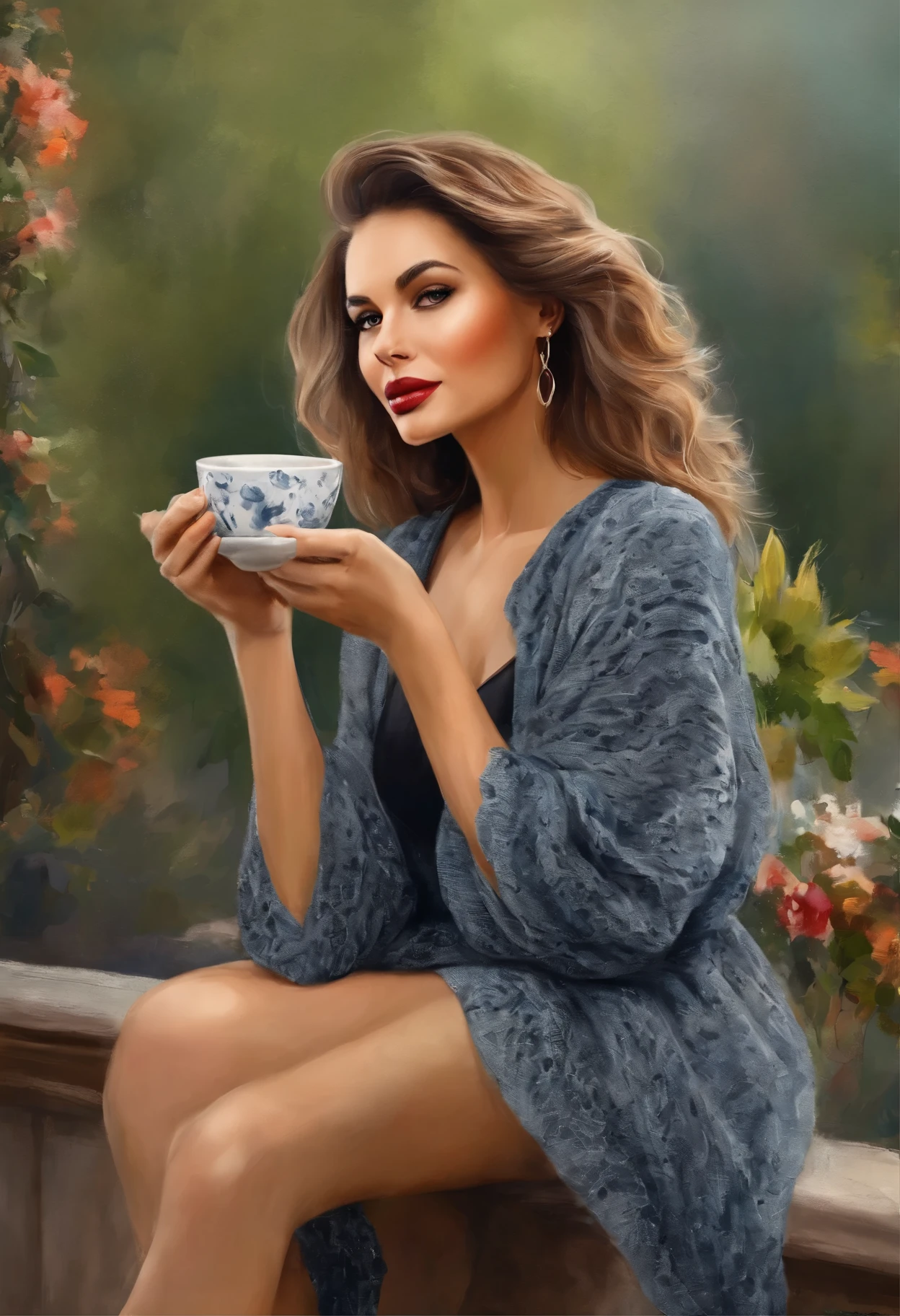 (Best quality,4K,8k,high resolucion,Masterpiece:1.2),Ultra-detailed,(Realstic,photoreallistic,photo-realistic:1.37),1Belle femme,Drinking coffee on a terrace with warm clothes,cheveux verts et noirs,Beauty face,Bewitching eyes,dark lipstick,Fashionable outfit,Vibrant colors,studio lighting,verdure luxuriante,Ambiance avant-gardiste,Portrait artistique