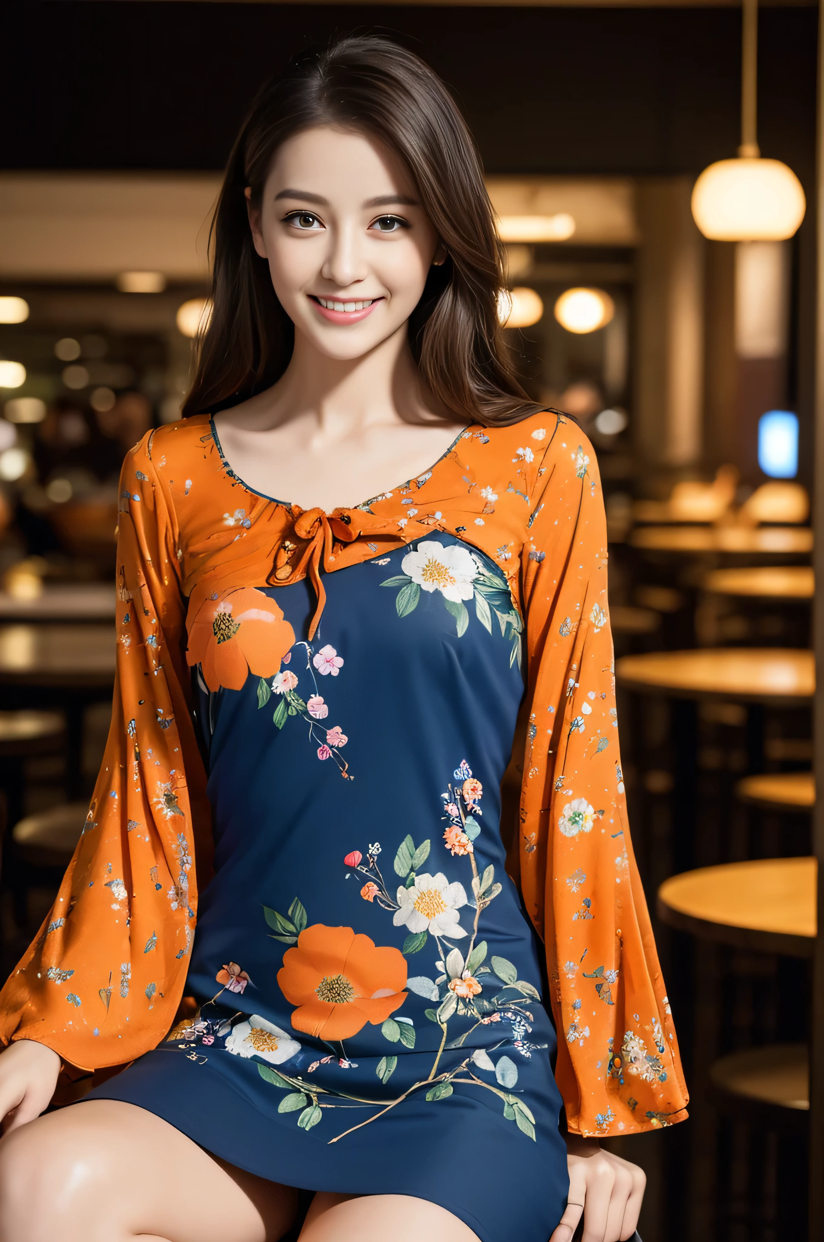 ((top-quality、8K、masterpiece:1.3))、1girl in、A smile、full body Esbian、Slim Faces、Pretty women、(dark brown hair)、Full-length dresses:1.1、hyperdetailed face、A detailed eye、double eyelid、blured background、Slim Faceanhattan, New York、takeout、a street、fullbody shot、((full figure supermodel standing, entire body in frame)),((In a crowded café at dusk_sitting on the chair:1.3))((Flashy blue and orange printed super mini dress:1.3)),((Floral blouse、Blouse with ribbon:1.3))、fullbody shot、((full figure supermodel standing, entire body in frame))