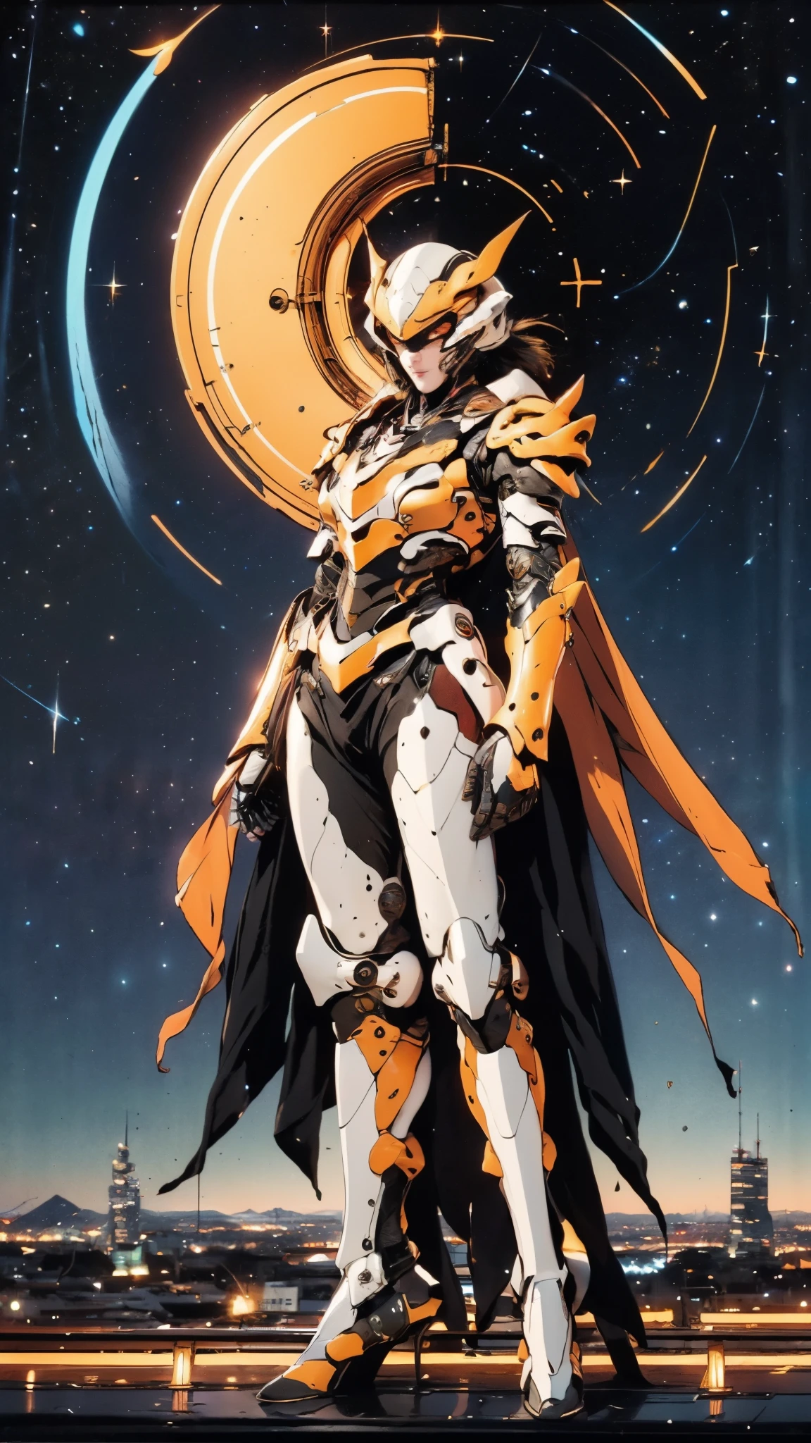 A woman adorned in fantasy-style full-body armor, a crown-concept fully enclosed helmet that unveils only her eyes, a composite layered chest plate, fully encompassing shoulder and hand guards, a lightweight waist armor, form-fitting shin guards, the overall design is heavy-duty yet flexible, ((the armor gleams with a golden glow, complemented by red and blue accents)), exhibiting a noble aura, she floats above a fantasy-surreal high-tech city, this character embodies a finely crafted fantasy-surreal style armored hero in anime style, exquisite and mature manga art style, (Queen bee mixed with Spider concept Armor, photorealistic:1.2, Real texture material:1.2), ((night sky, city night view, elegant, goddess, femminine:1.5)), Unreal Engine 5, metallic, high definition, best quality, highres, ultra-detailed, ultra-fine painting, extremely delicate, professional, anatomically correct, symmetrical face, extremely detailed eyes and face, high quality eyes, creativity, RAW photo, UHD, 32k, Natural light, cinematic lighting, masterpiece-anatomy-perfect, masterpiece:1.5