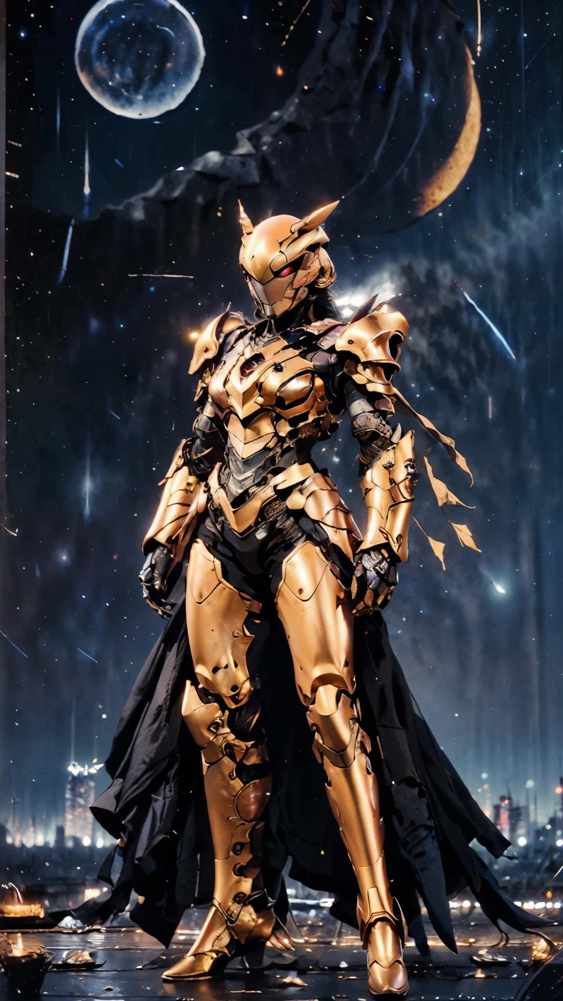 A woman adorned in fantasy-style full-body armor, a crown-concept fully enclosed helmet that unveils only her eyes, a composite layered chest plate, fully encompassing shoulder and hand guards, a lightweight waist armor, form-fitting shin guards, the overall design is heavy-duty yet flexible, ((the armor gleams with a golden glow, complemented by red and blue accents)), exhibiting a noble aura, she floats above a fantasy-surreal high-tech city, this character embodies a finely crafted fantasy-surreal style armored hero in anime style, exquisite and mature manga art style, (Queen bee mixed with Spider concept Armor, photorealistic:1.2, Real texture material:1.2), ((night sky, city night view, elegant, goddess, femminine:1.5)), Unreal Engine 5, metallic, high definition, best quality, highres, ultra-detailed, ultra-fine painting, extremely delicate, professional, anatomically correct, symmetrical face, extremely detailed eyes and face, high quality eyes, creativity, RAW photo, UHD, 32k, Natural light, cinematic lighting, masterpiece-anatomy-perfect, masterpiece:1.5