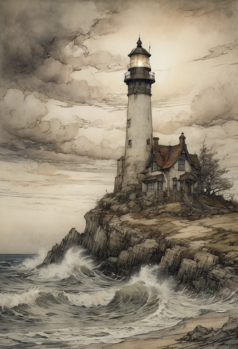 Lighthouse, by Arthur Rackham, best quality, masterpiece, 8k, Representative work, official art, Professional, Ultra intricate detailed