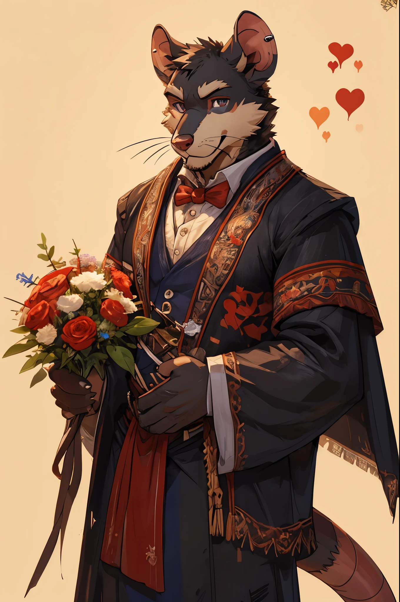 (high-resolution, 8k, greeting card, masterpiece:1.2), a rat holding a bundle of flowers, a rat with flowers, a rat with a bouquet, a rat with flowers, smiling, looking at the camera, plain background, dressed in a Victorian costume, Victorian-style attire