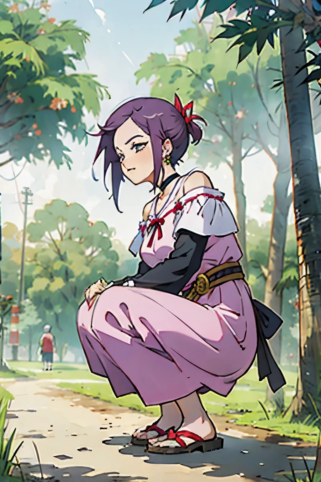 kisho, jigokuraku, 1 girl, purple hair, hair ribbon, Showa town, squatting, sandals, sunshine, belt, choker, wind blowing dress, lace dress, earrings, off-shoulder sleeves