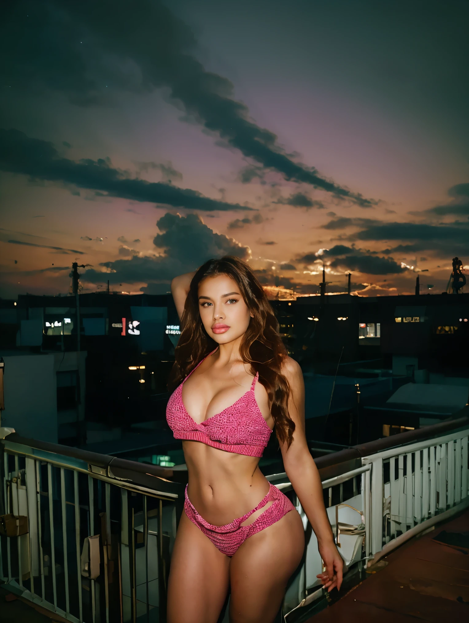 (best quality, 4k, highres, realistic:1.2), ultra-detailed, HDR, vibrant colors, stunning neon lights, rooftop sunset, Dominican curly hair, burgundy hair color, mature woman, older looking, 60-year-old, confident pose, elegant posture, neon-striped bikini, standing tall, corona queens NYC

# Prompt 输出
A mature, older looking woman with Dominican curly hair, styled in burgundy, stands tall on a rooftop in Corona Queens, NYC. It is sunset, and the sky is ablaze with vibrant colors, creating a stunning backdrop for the scene. The woman is confidently posed, exuding elegance and grace. She is wearing a neon-striped bikini, which adds a playful touch to her sophisticated look. The rooftop is glowing with the warm lights of the city, and the atmosphere is enhanced by the presence of dazzling neon lights that dot the skyline. The image is of the highest quality, with sharp focus and ultra-detailed features, capturing every nuance of the woman's expression and the surrounding environment. The overall effect is realistic and immersive, with HDR rendering bringing out the rich colors and textures.