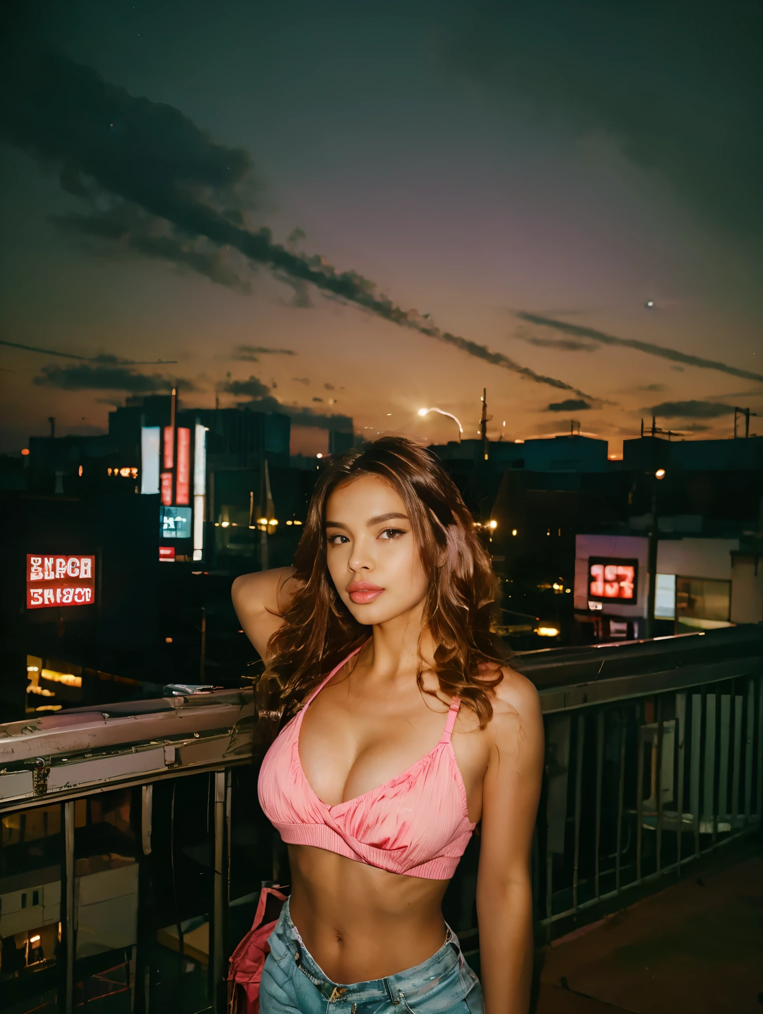 (best quality, 4k, highres, realistic:1.2), ultra-detailed, HDR, vibrant colors, stunning neon lights, rooftop sunset, Dominican curly hair, burgundy hair color, mature woman, older looking, 60-year-old, confident pose, elegant posture, neon-striped bikini, standing tall, corona queens NYC
# Prompt 输出
A mature, older looking woman with Dominican curly hair, styled in burgundy, stands tall on a rooftop in Corona Queens, NYC. It is sunset, and the sky is ablaze with vibrant colors, creating a stunning backdrop for the scene. The woman is confidently posed, exuding elegance and grace. She is wearing a neon-striped bikini, which adds a playful touch to her sophisticated look. The rooftop is glowing with the warm lights of the city, and the atmosphere is enhanced by the presence of dazzling neon lights that dot the skyline. The image is of the highest quality, with sharp focus and ultra-detailed features, capturing every nuance of the woman's expression and the surrounding environment. The overall effect is realistic and immersive, with HDR rendering bringing out the rich colors and textures.