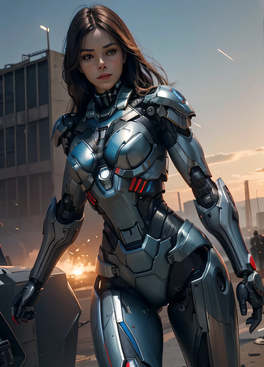 Textured skin, Super Detail, high details, High quality, Best Quality, hight resolution, 1080p, hard disk, Beautiful,(Iron Patriot),beautiful cyborg woman,Mecha Cyborg Girl,Battle Mode,Girl with a Mecha Body,She wears a futuristic Iron Patriot mech,Fulll body Shot