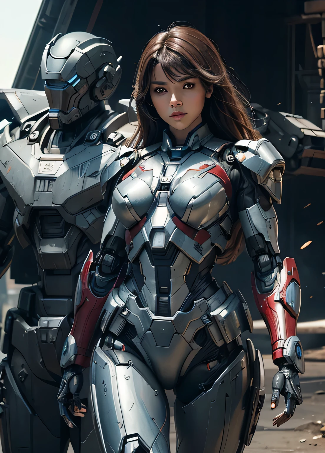 Textured skin, Super Detail, high details, High quality, Best Quality, hight resolution, 1080p, hard disk, Beautiful,(Iron Patriot),beautiful cyborg woman,Mecha Cyborg Girl,Battle Mode,Girl with a Mecha Body,She wears a futuristic Iron Patriot mech,Fulll body Shot
