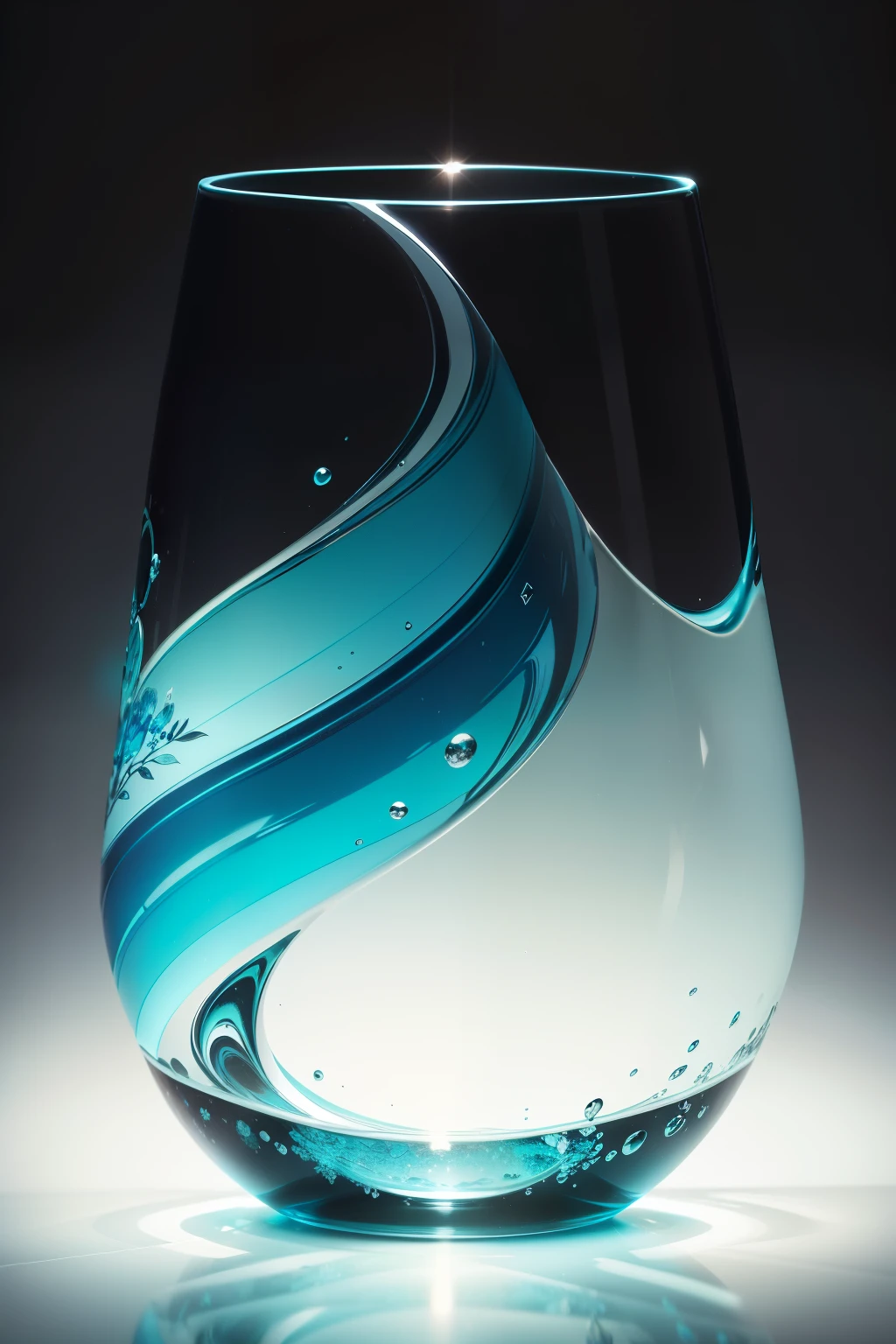 there is a blue glass vase with a white base on a white background, in a short round glass vase, vibrant scene, vase, ambient teal light, transparent glass vase, glassware, cerulean, cerulean blue, turquoise, amber, glass tableware, venetian glass, cyan, glowing hue of teal, monochromatic teal, inspiring, blown glass