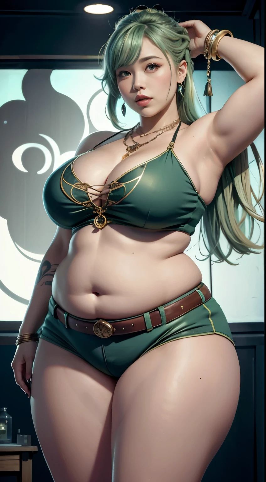 photorealistic, high resolution, soft light,1women, solo, wide hips, (detailed face),tattoo, jewelry, , , blue and green hair Color , (closeup), wide angle,, (busty), armpit , Slightly fat belly, large breasts, full body angle, 40 years old woman , thick thighs , thick arms , standing in dark rooms, short pants, wearing a three bracelet, wearing two diamond necklace , wearing a watch, wearing airmax shoes , japanese goddess, wavyshort hairstyle, fat belly, thick fat belly, thick wide hips, thick arm, bbwchan, massive arm, full body, full bracelet 