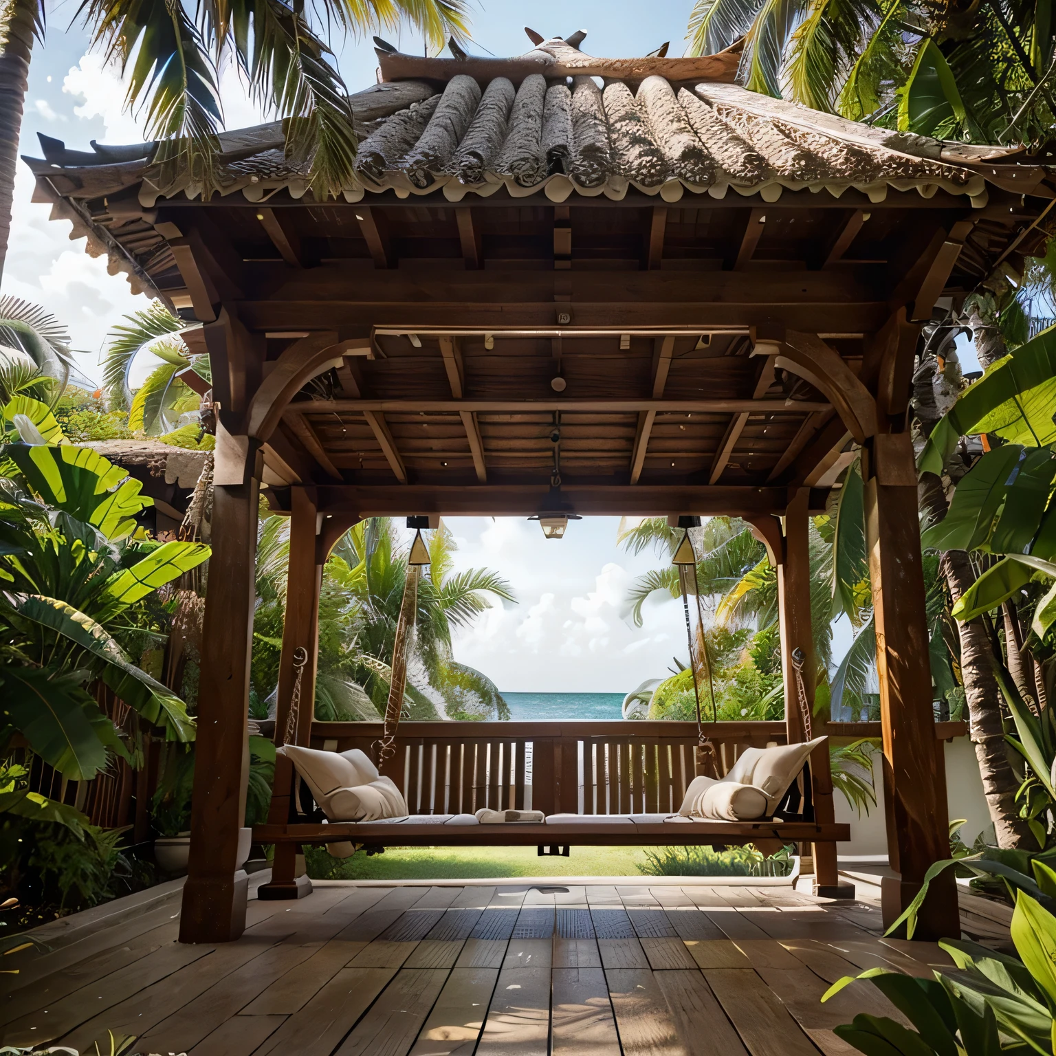 Harmonious Retreat: Traditional Pergola in Tropical Oasis   hammocks or swings being installed