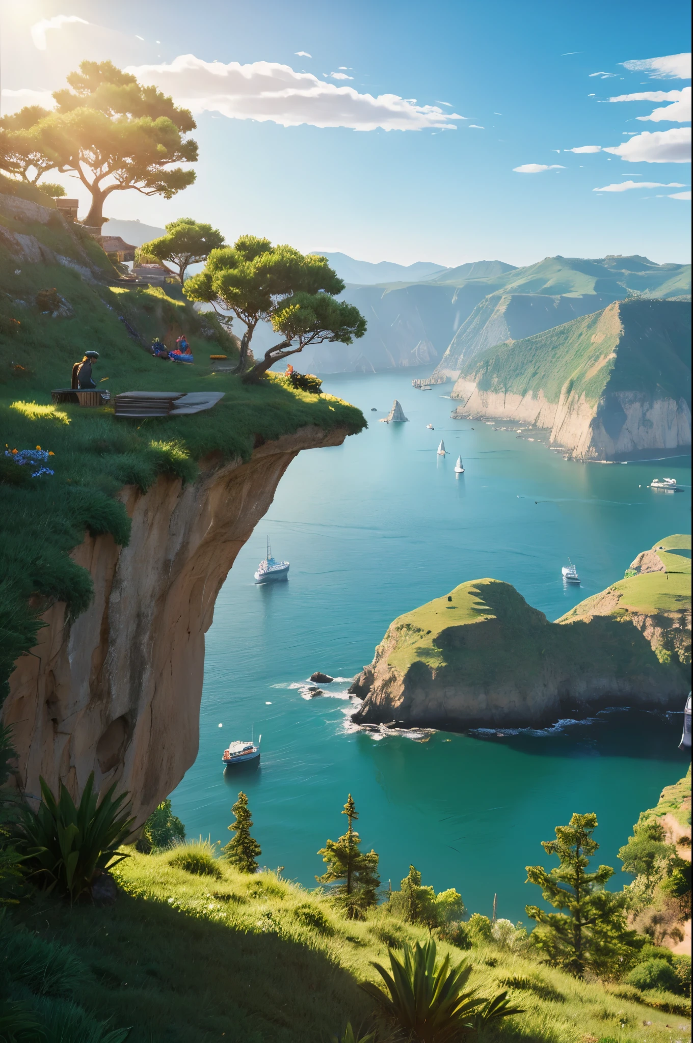 The coast seen from a mountain in the countryside, anime countryside scenery, anime background art, beautiful anime scene, anime scenery, beautiful anime scenery, Studio Gribly Makoto Shinkai