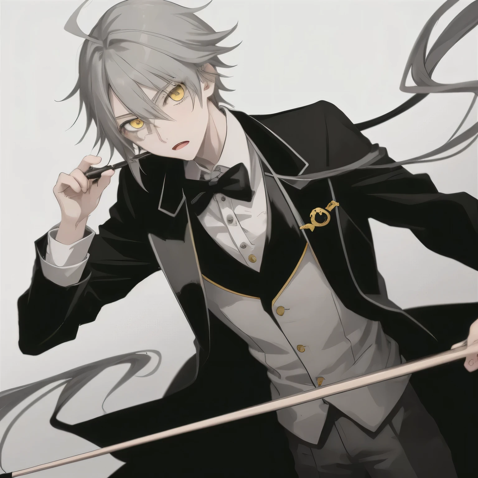 1boy, anime, parted_tied_long_hair, gray_dinner_jacket, holding_billiard_cue_stick, light_yellow_eyes, white_background, looking_at_viewer