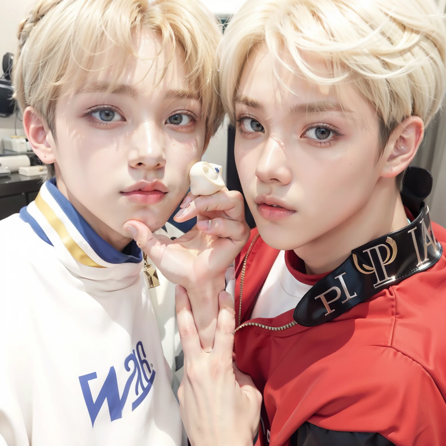 dois jovens posando para uma foto em um quarto, Jimin\the full lips, Jimin, BTS, accurate taehyung/Jimin face, Jimin\o nariz grego, Jimin\the right eyelid is swollen, park Jimin, they are close to each other, taehyung kim, k-pop BTS