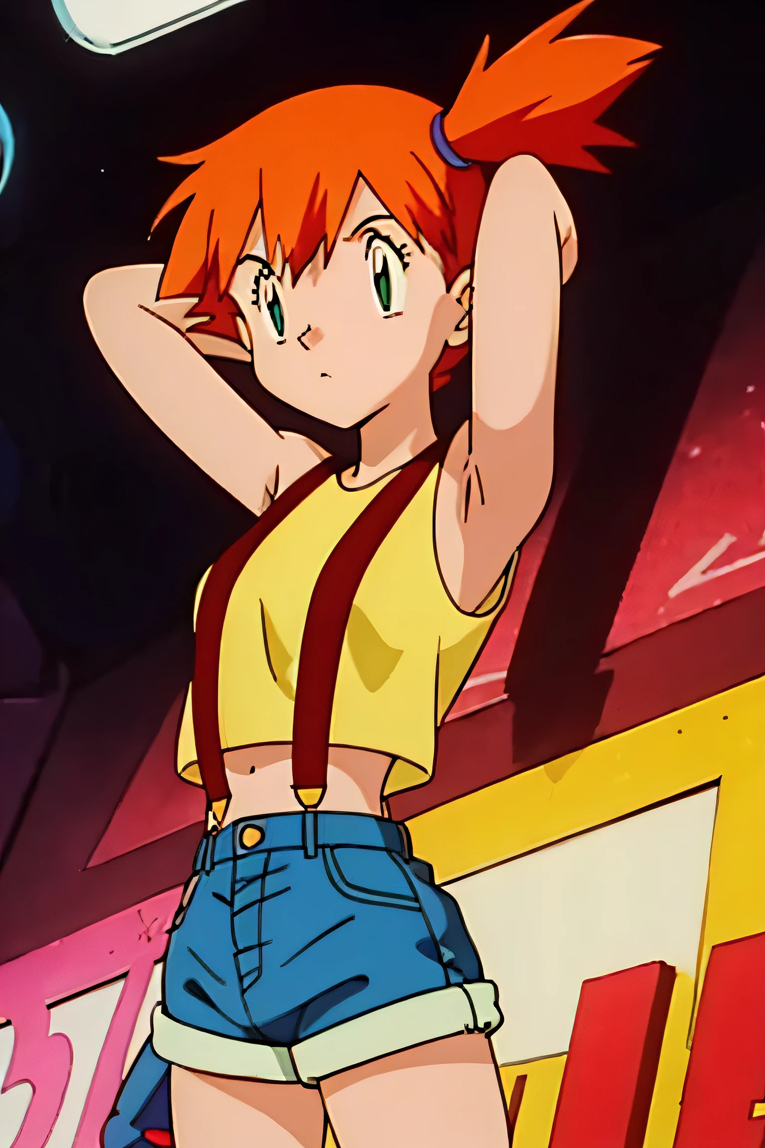 misty (pokemon), yellow shirt, sleeveless shirt, suspenders, denim shorts, sneakers, armpits, showing armpits, arms behind head, solo, masterpiece, 1girl