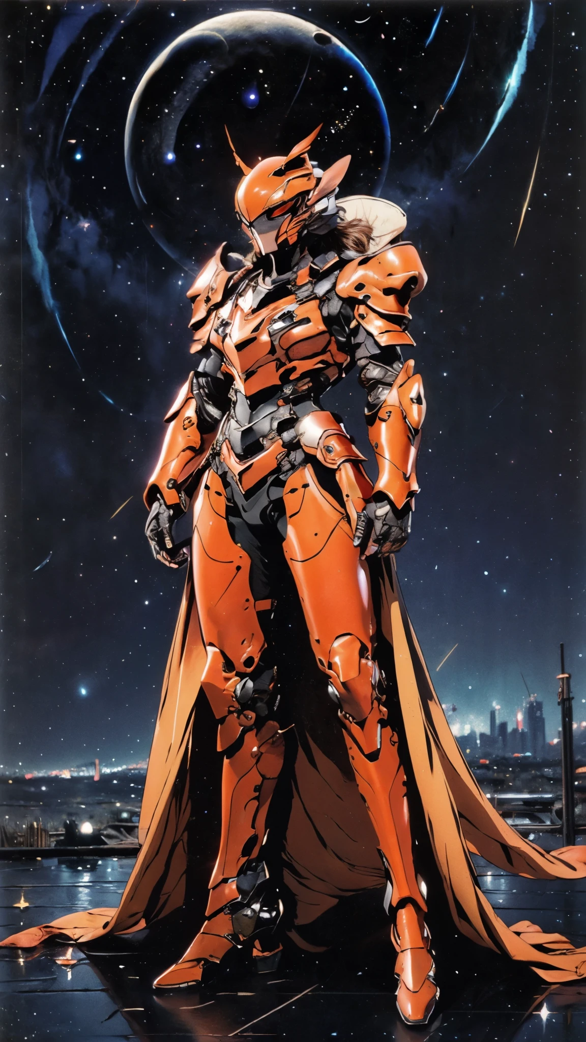 A woman adorned in fantasy-style full-body armor, a crown-concept fully enclosed helmet that unveils only her eyes, a composite layered chest plate, fully encompassing shoulder and hand guards, a lightweight waist armor, form-fitting shin guards, the overall design is heavy-duty yet flexible, ((the armor gleams with a golden glow, complemented by red and blue accents)), exhibiting a noble aura, she floats above a fantasy-surreal high-tech city, this character embodies a finely crafted fantasy-surreal style armored hero in anime style, exquisite and mature manga art style, (Queen bee mixed with Spider concept Armor, photorealistic:1.2, Real texture material:1.2), ((night sky, city night view, elegant, goddess, femminine:1.5)), Unreal Engine 5, metallic, high definition, best quality, highres, ultra-detailed, ultra-fine painting, extremely delicate, professional, anatomically correct, symmetrical face, extremely detailed eyes and face, high quality eyes, creativity, RAW photo, UHD, 32k, Natural light, cinematic lighting, masterpiece-anatomy-perfect, masterpiece:1.5