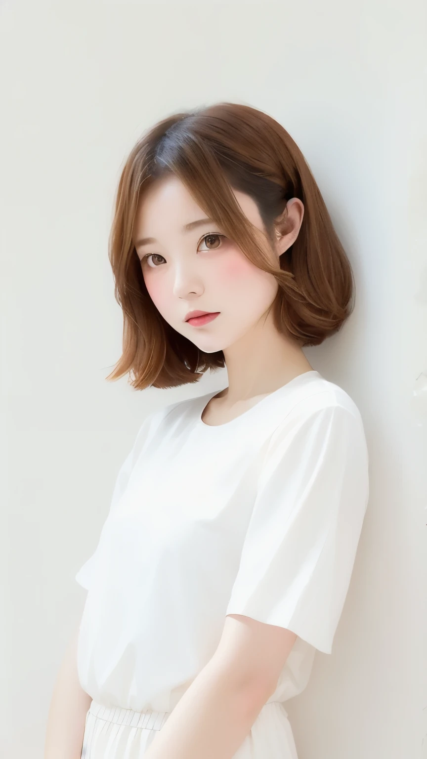 (((simple configuration)))、(((The background is a white wall:1.2)))、one girl、perfect anatomy、painterly、sketch、very delicate、wall with cloud-like pattern、、Floral、delicate depiction、abstract、Bright colors overall、Gentle color、Taisho romance、(masterpiece、highest quality、highest quality、official art、beautiful beautiful:1.2)、