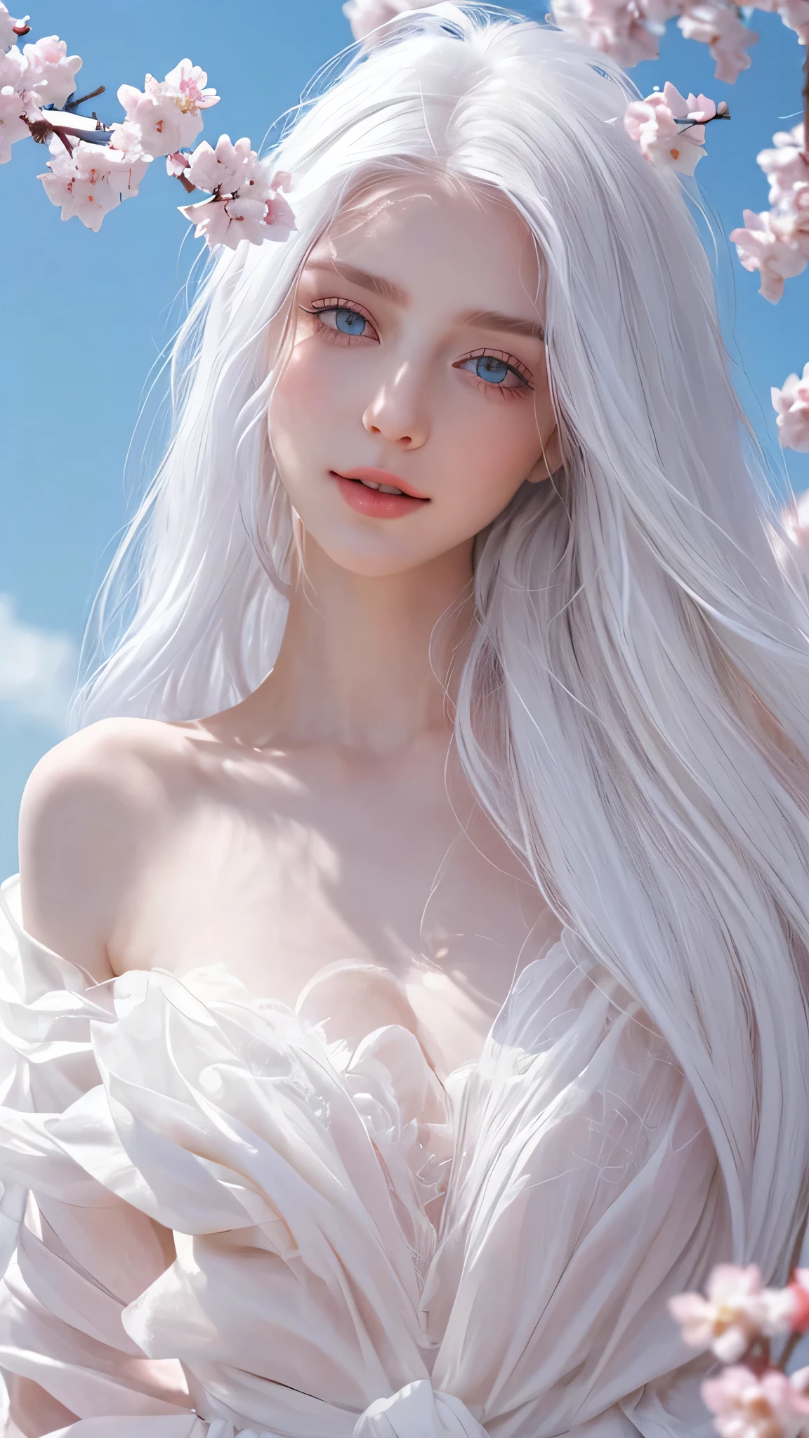 white hair and pink eyes,Super beautiful girl,It seems to be a fantastic existence,That white hair swayed in the wind、Blue eyes shine like the clear sky,Her skin is pure white、Detailed features color your facial features beautifully.her beauty is、Looks great against any background、Its presence attracts everyone.Cherry blossom and sky background,smile,kind,angle from below