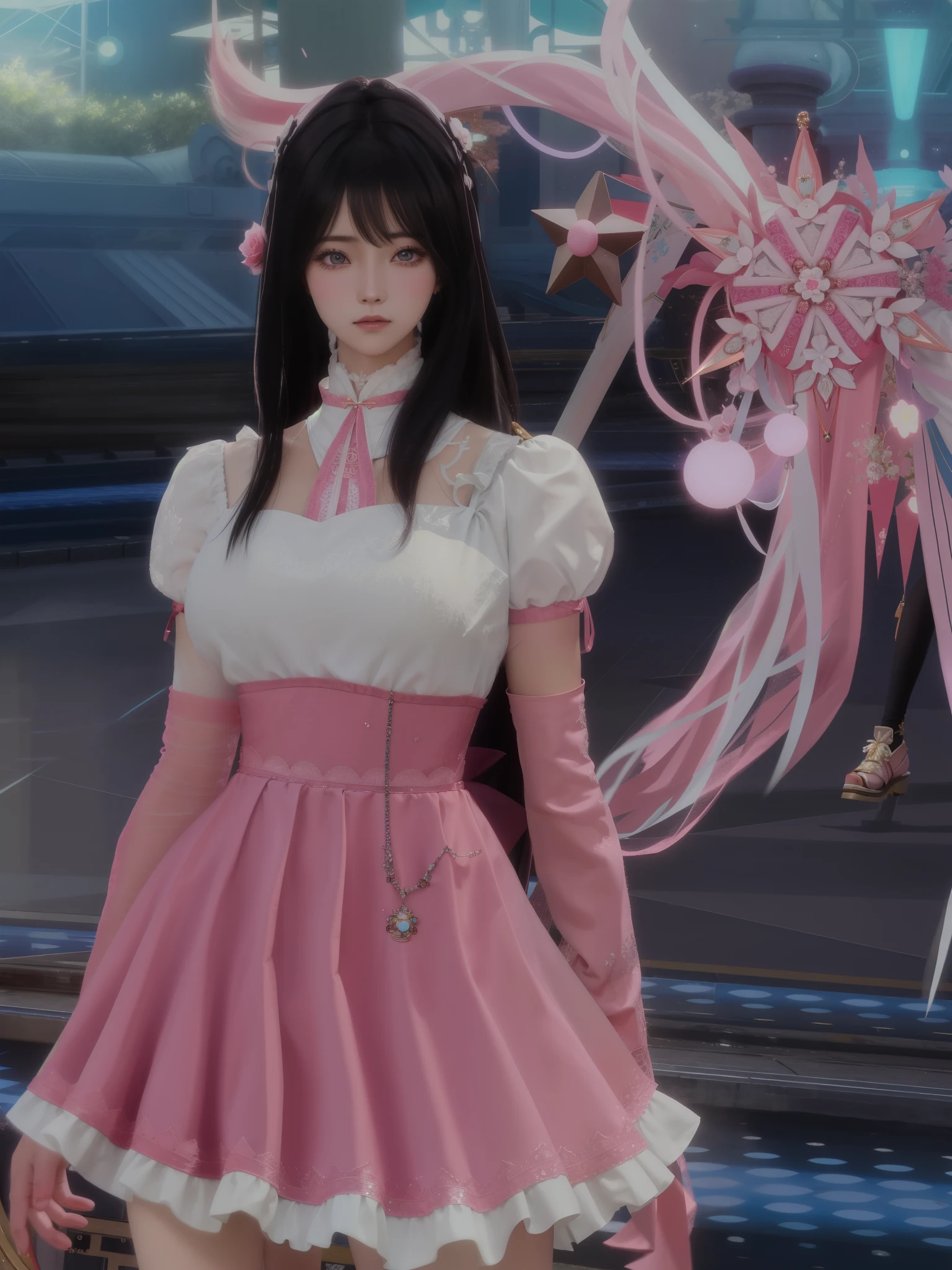 anime girl en robe rose debout devant un train, tenue fantastique, lunar themed outfit, cheveux roses et yeux cyan, Tenue à froufrous, blanc et rose, xianxia complet du corps, inspired by Pu Hua, uniforme magique, lineage revolution style 2, style de fille magique, tenue de femme de chambre, vêtements de sorcière astrale