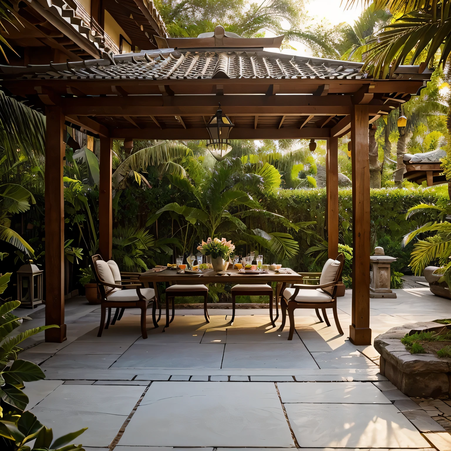 Harmonious Retreat: Traditional Pergola in Tropical Oasis outdoor furniture being arranged