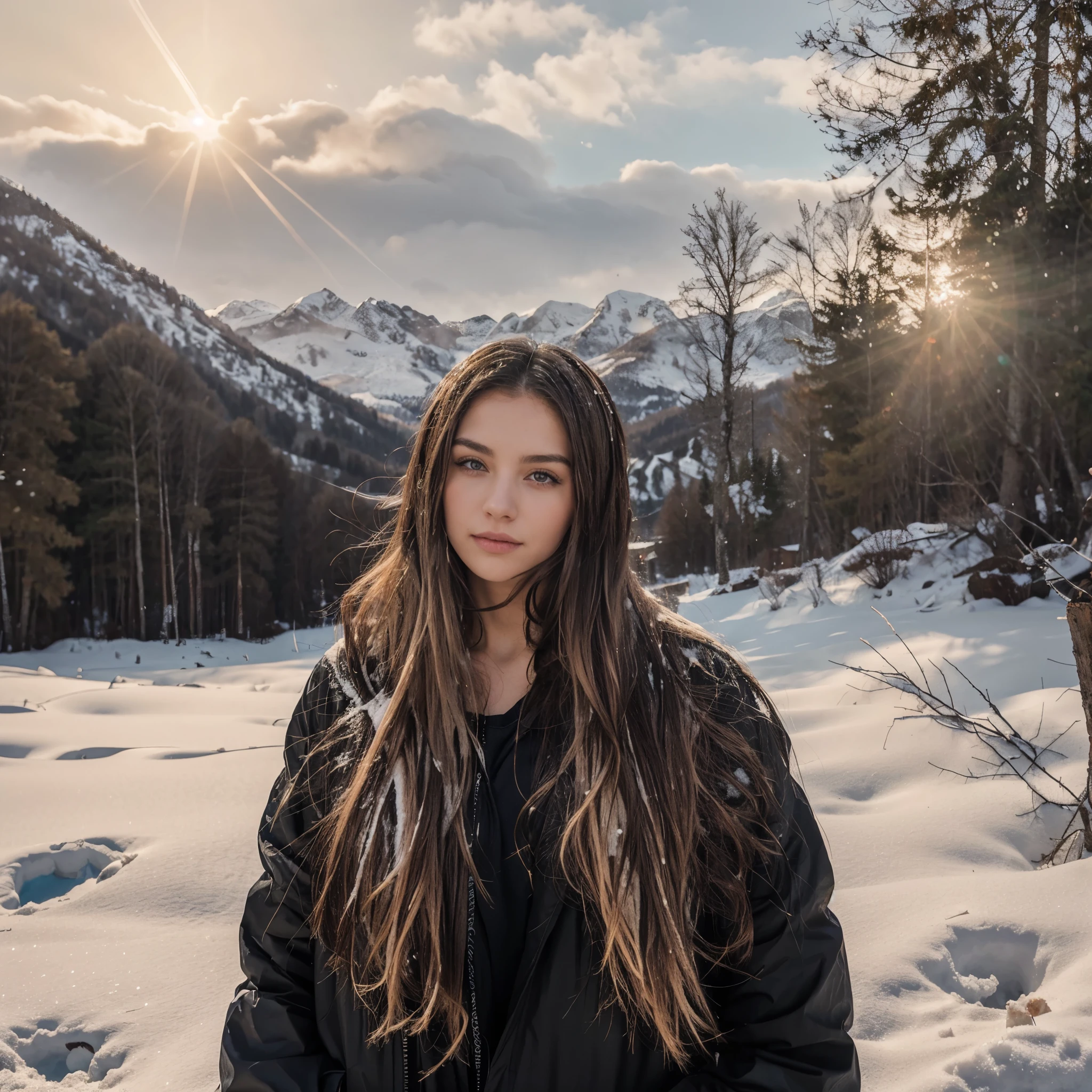 brunette woman in black jacket standing in snow avec des mountains in the background, dans les montagnes, dans les montagnes, very long snow colored hair, dans la neige, dans les alpes suisses, dans la neige mountains, with mountains in the background, mountains in the background, only snow in the background, avec des mountains in the background, Froid mais beau, aux longs cheveux bruns