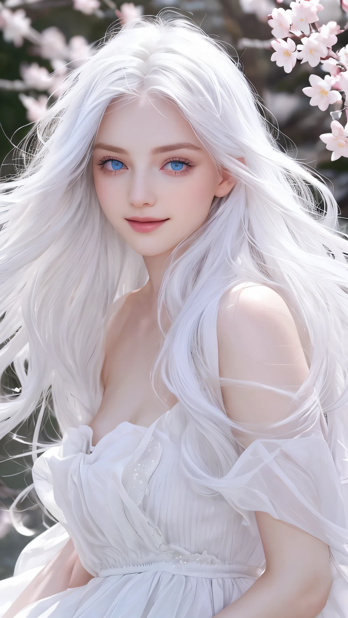 With white hair and pink eyes、Transcendent Beautiful Girl、It's like a fantastic existence。Its white hair swayed in the wind、Blue eyes shine like a clear sky。Her skin is pure white、Detailed features beautifully color your facial features.。Her beauty is、Looks great against any background、Its presence will fascinate everyone.cherry blossom background,smile,kindness,white dress,white long hair