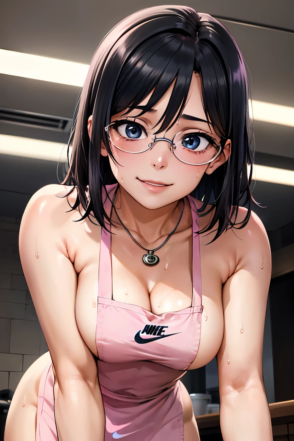 1girl,18yo,perfect hands, perfect finger,perfect anatomy, masterpiece, best quality,realistic, hyperrealistic, 16k hdr,, aamii, short hair, black hair, blue eyes, glasses, (naked nike pink apron:1.3),pub, from below,standing,(sweat:1.3),(happy smile),large breasts,upper body,necklace,(leaning forward:1.2)