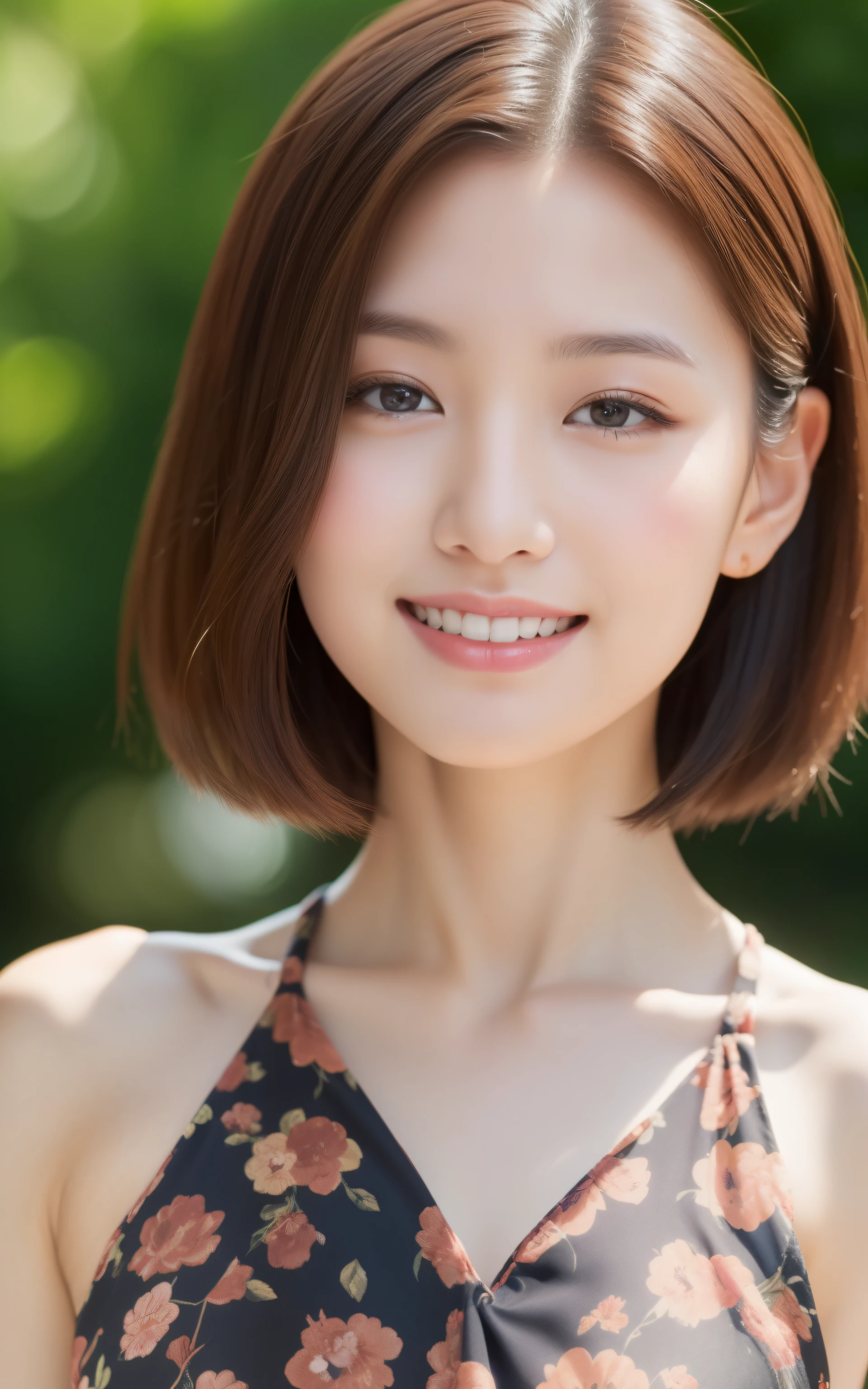 ((top quality、8K、Masterpiece:1.3、ultra high resolution))、(clear focus:1.4)、rest、a japanese lady、young、1 person、upper part of body、from directly above、light skin tone、((dark brown hair))、short hair、(Red and floral dress:1.2、cute dress、fine fabric)、Super thin face、delicate eyes、Narrow eyes、double eyelids、cheeks flushed、Delicate skin、sweat、shiny skin、Glowing skin、shadow skin、make up、rosy lips、a smile、big breasts、looking at camera、rest、(Detailed background、university campus:1.5)、daytime、natural lighting