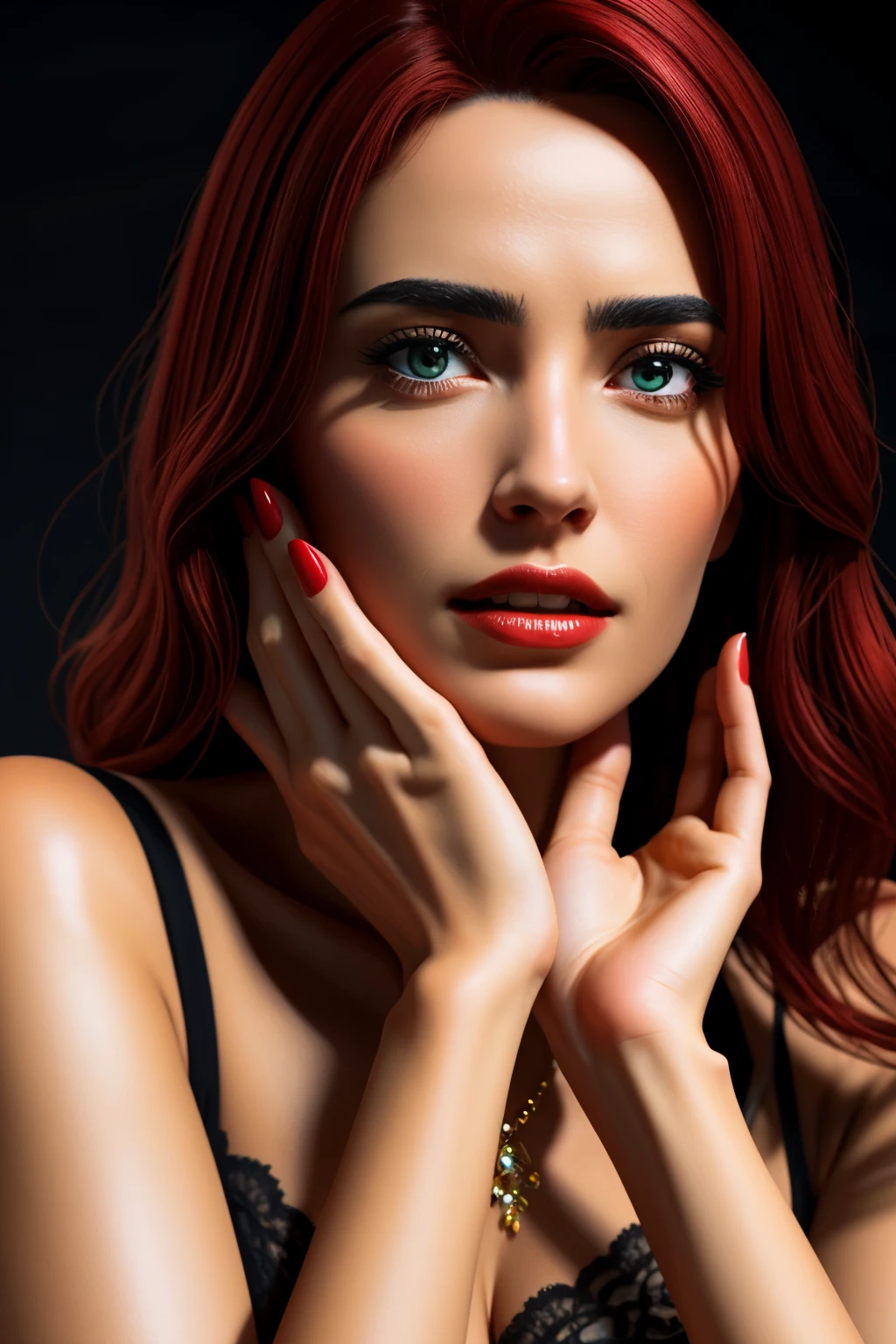 A beautiful woman with red short nails, looking incredibly real and authentic, as if she's a photo come to life. Ultra-realistic and detailed, this high-definition image is a 8K masterpiece. The picture appears almost three-dimensional, capturing every intricate detail, making it seem almost tangible.