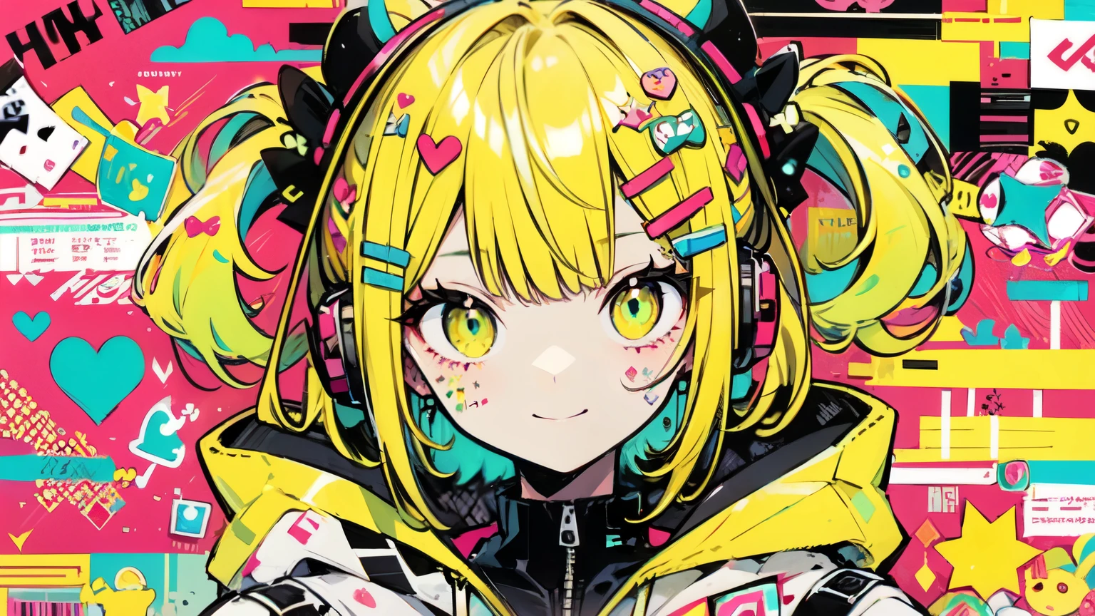 Magazine background with a little devil theme, cute smile,short bob,headphone,, adorable orange girl, neon orange black, and baby lime color scheme. She is wearing a space suit themed outfit. her costume is fluffy and soft, Decora accessories such as hair clips are also included.. She embodies the vibrant and trendy Harajuku fashion style."