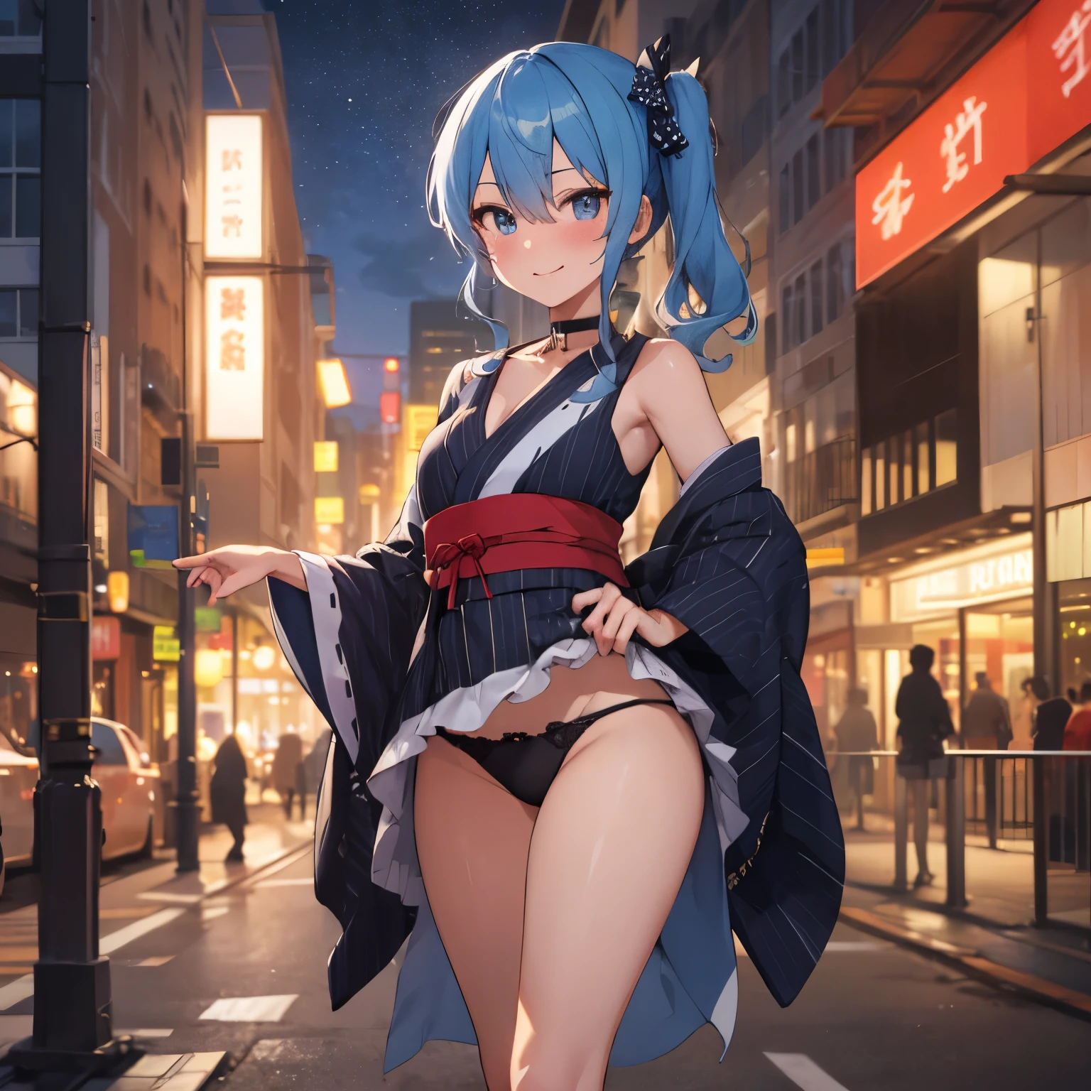 hoshimachi suisei,blue eyes,blue hair,choker,hair between eyes,medium hair,side ponytail,スターchoker,1 girl,highest quality, High resolution,(thin and beautiful eyes:1.6),(perfect hands, perfect anatomy),(((masterpiece))),((highest quality)),shy smile,troubled face,blush,whole body,High-quality red and black yukata,sleeveless,No sleeve,Fishnet tights,cleavage,sexy panties,panties are visible,thin waist,downtown at night
