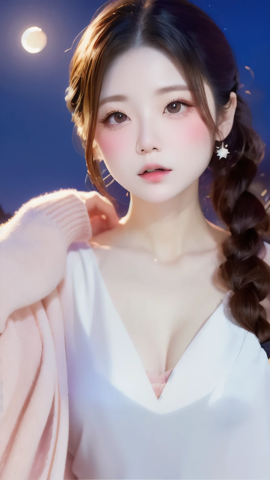 (((palemoonが背景:1.3、pale、moon、at night)))、one girl、16talent、anatomy、small face、small、small鼻、Pale pink eyes、Loosely braided low ponytail、brown hair、small breasts、beautiful kimono、yamato nadeshiko、random pose、Yoshino cherry tree、beautiful cherry blossoms、highest quality、High resolution、High resolution、cinematic lighting、professional photographer,(((palemoonが背景:1.3、pale、moon、at night)))