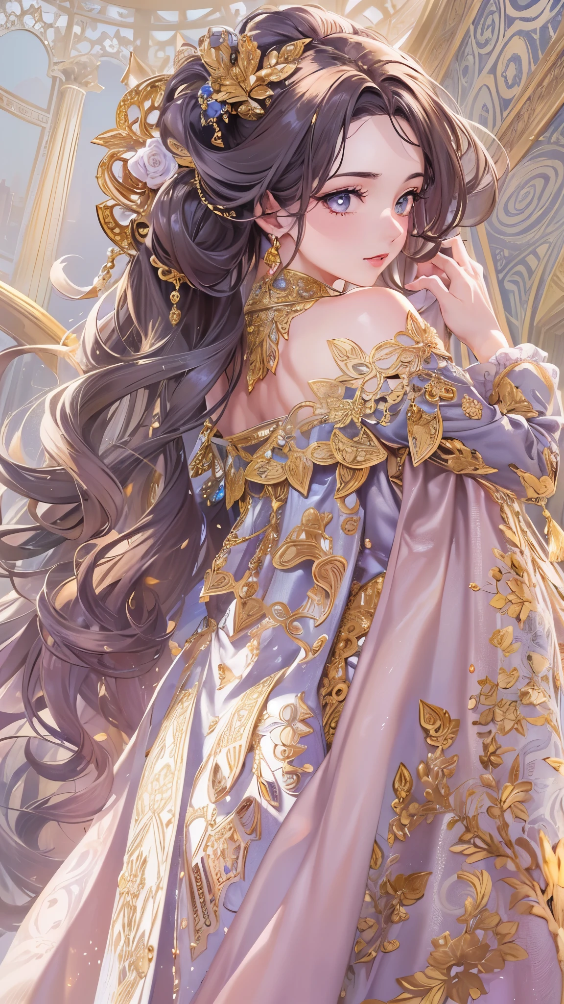 ((highest quality)),(ultra high resolution),(Super detailed),(detailed description),((best CG)),(best work of art),super precision art,amazing drawing art,(Art with precise details:1.5), (woman:1.6),(beautiful and well-shaped face:1.7),(Silk dress with intricately detailed patterns:1.5),(shiny and luxurious hair:1.6),(make:1.6),sparkling ornaments:1.3,majestic hall々,full of confidence々