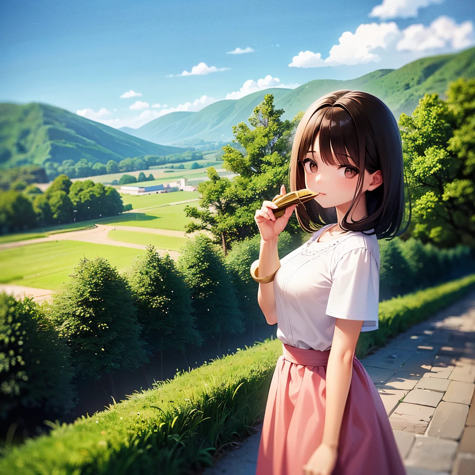 8k hd, alta qualidade, menino 1, medium brown hair, olhos castanhos, usando saia rosa, camisa branca, beautiful park scenery