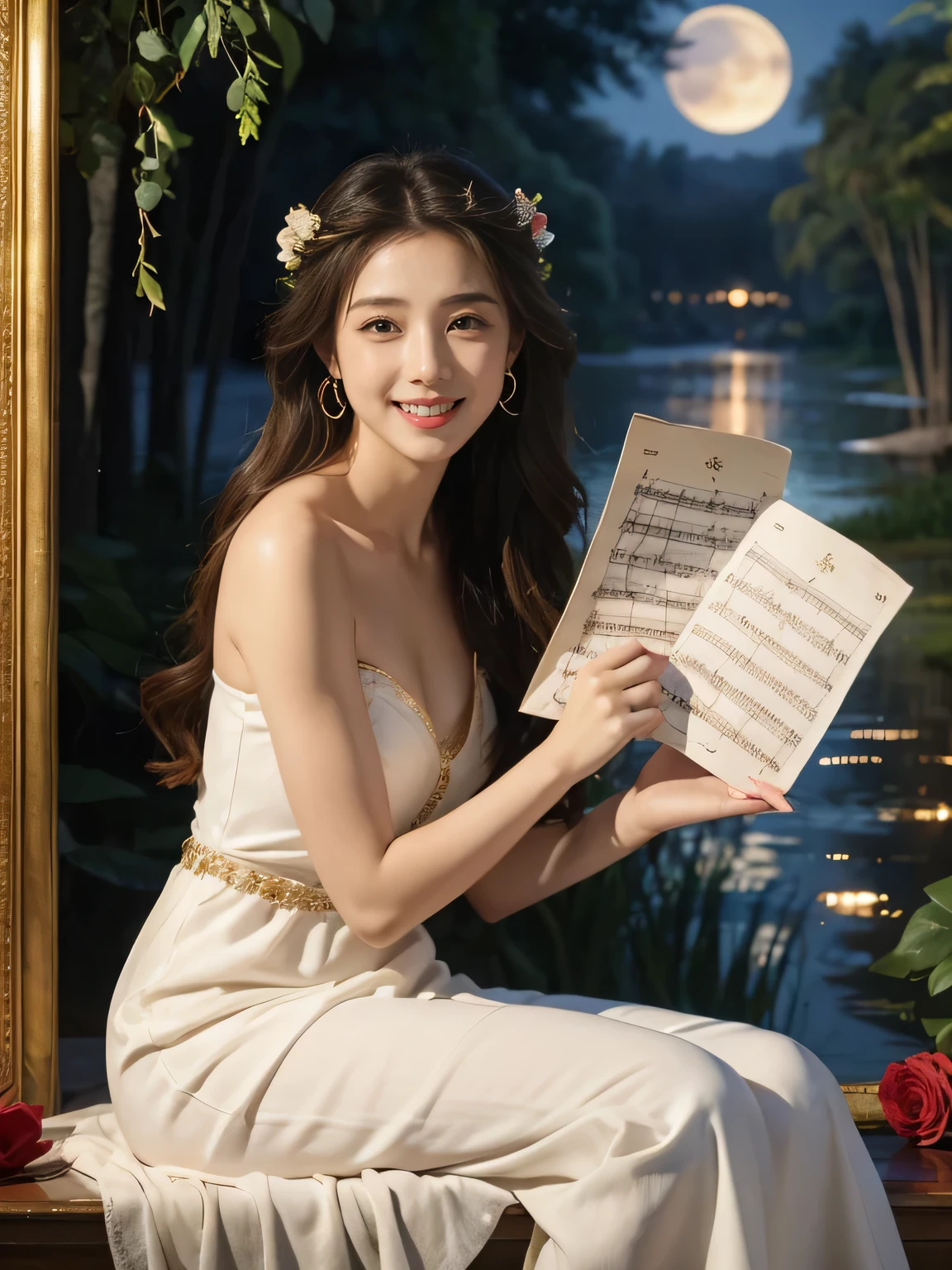 Female singer holding sheet music in both hands,Giorgione painting style,roses in vase、fruits、Cute trinkets、smile、ancient greek costume、Background is a forest lake at night 、Clothes that stretch your shoulders、A big smile、beautiful bare skin,moonlight